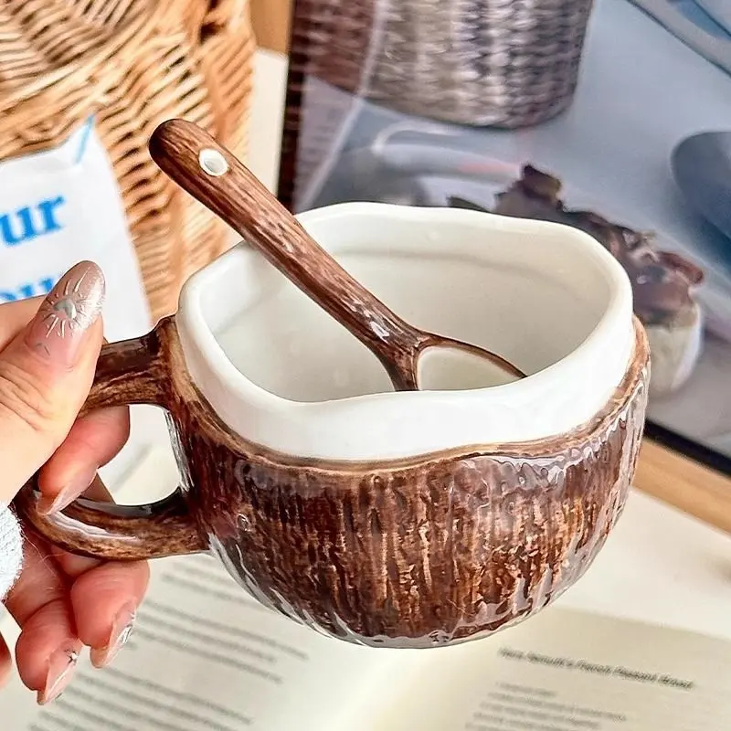 High looks Korean retro hand kneaded coconut shell, coconut meat, irregular ceramic, Mark coffee cup, oat breakfast water cup, Handmade Ceramic Mug