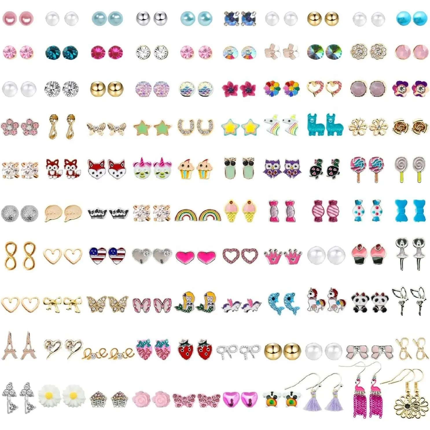 100 Pairs Colorful Cute Earrings for Girls Sensitive Ears Hypoallergenic Girl Stud Earrings Set Stainless Steel Cartoon Stud for Girls and Women