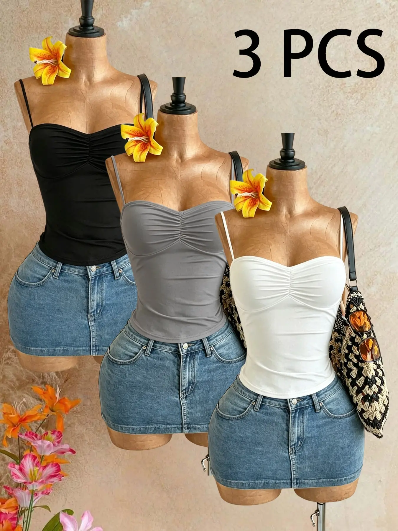 3-Pack Crop Top Set, Basic Ruched Halter Neck Heart Tank Tops Elastic Fit, Bodycon Short Sleeve Knitted Innerwear, Perfect for Daily Wear & Jeans