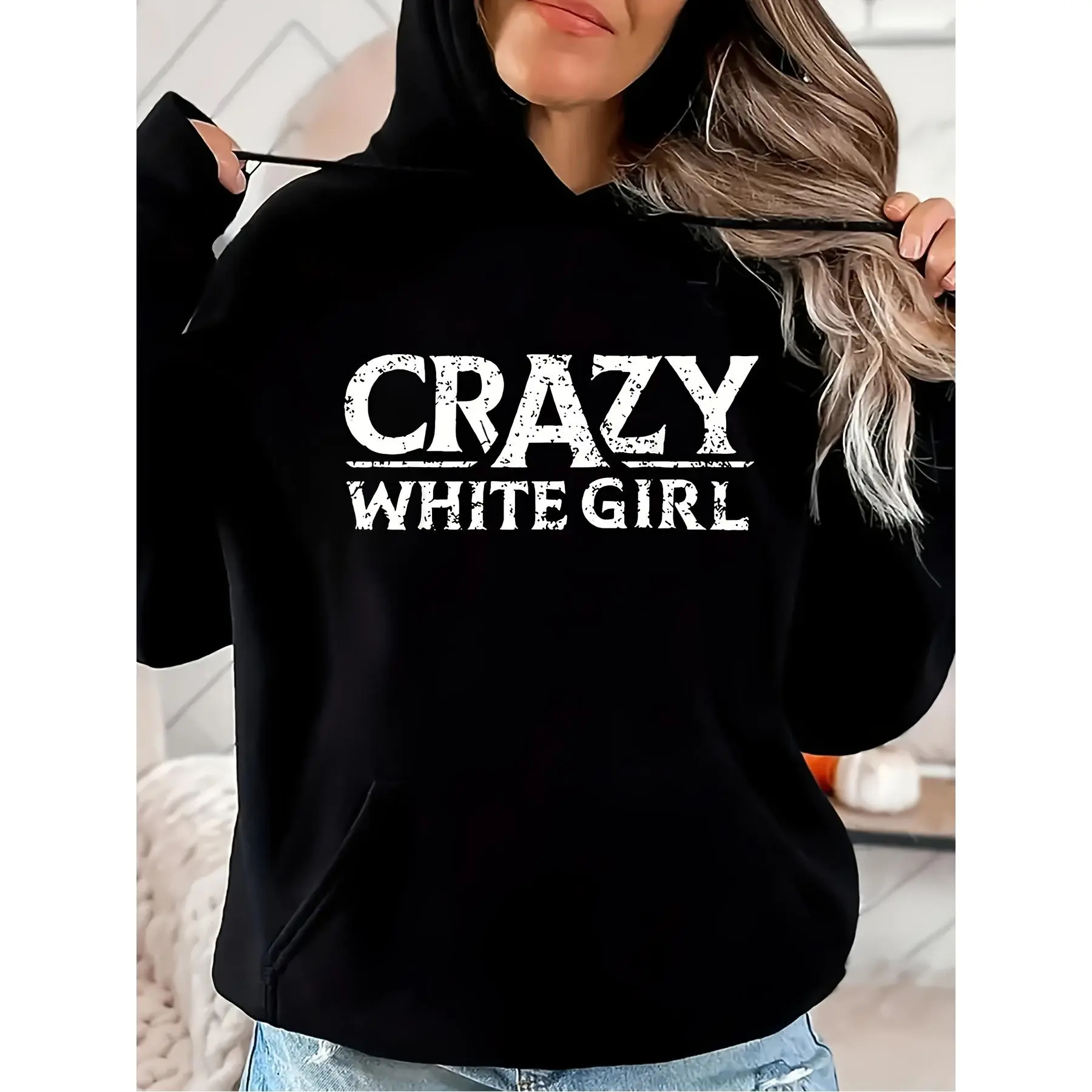 Black Hoodie for Women Featuring a Striking CRAZY WHITE Graphic, Designed As a Pullover Sweatshirt with a Hood And Drawstring, Perfect for Casual Streetwear Throughout The Year And Suitable for Everyday Wear Or Themed Occasions