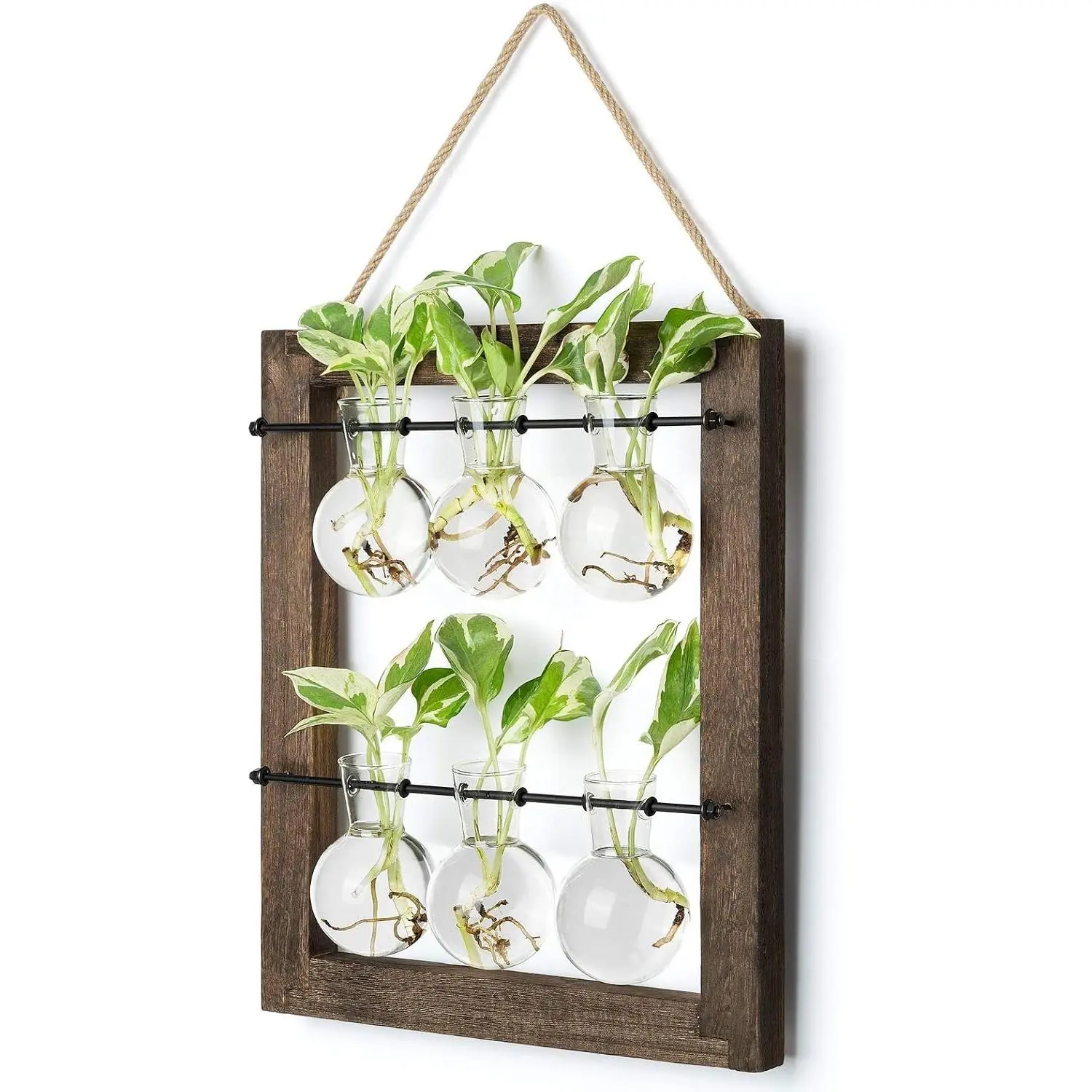 Propagation Station Wall Hanging Glass Planter, Flower Bulb Vase Plant Terrarium with Retro Wooden Stand Double Layer for Hydroponics Plants Home Garden Office Decor