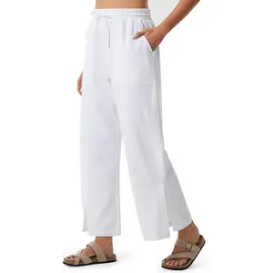 Libin Women Linen Pants Wide Leg Side Slit Ankle Pants High Waist Drawstring Casual Palazzo Loose Beach Pant Cropped Trousers