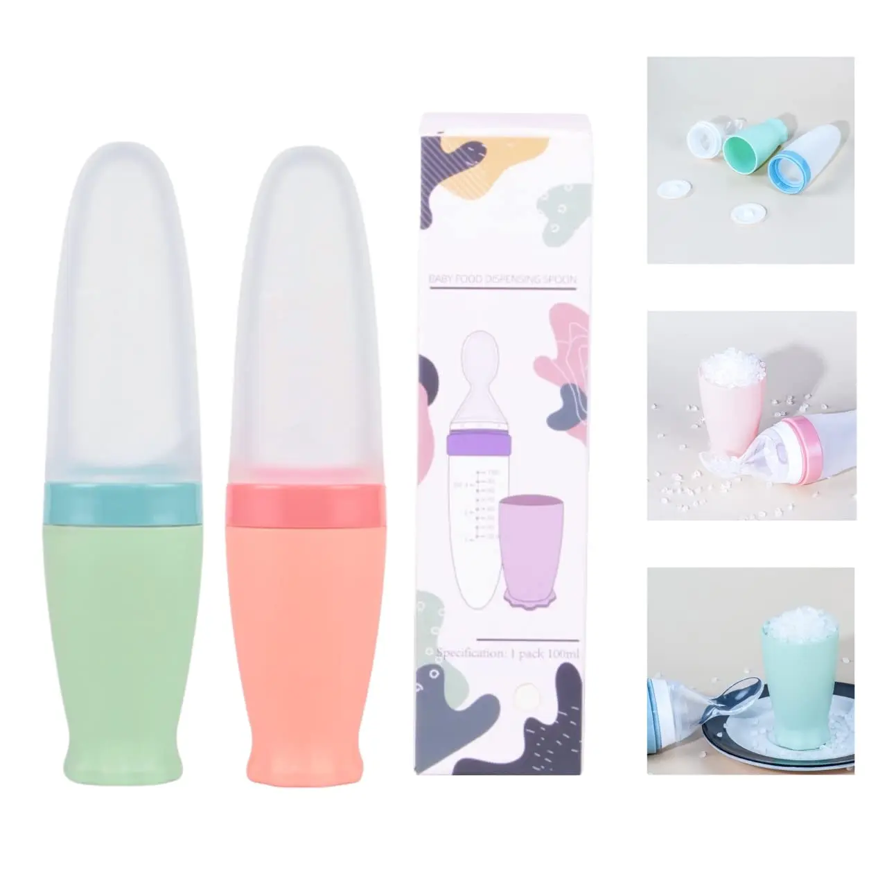 Baby Silicone Feeding Bottle Spoon with Standing Base, 2-Piece Dispensing Feeder for 6+ Months Infants (Pink)