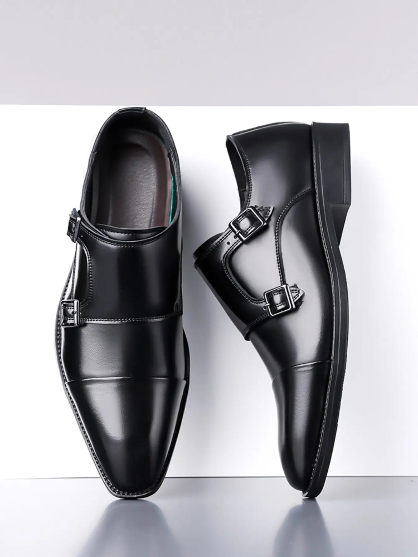 New Men's Double Monk Strap Pointed Toe Tuxedo Shoes, Vintage British Business Casual Style, Durable Anti-Slip Sole, Breathable, Ideal for Weddings and Office