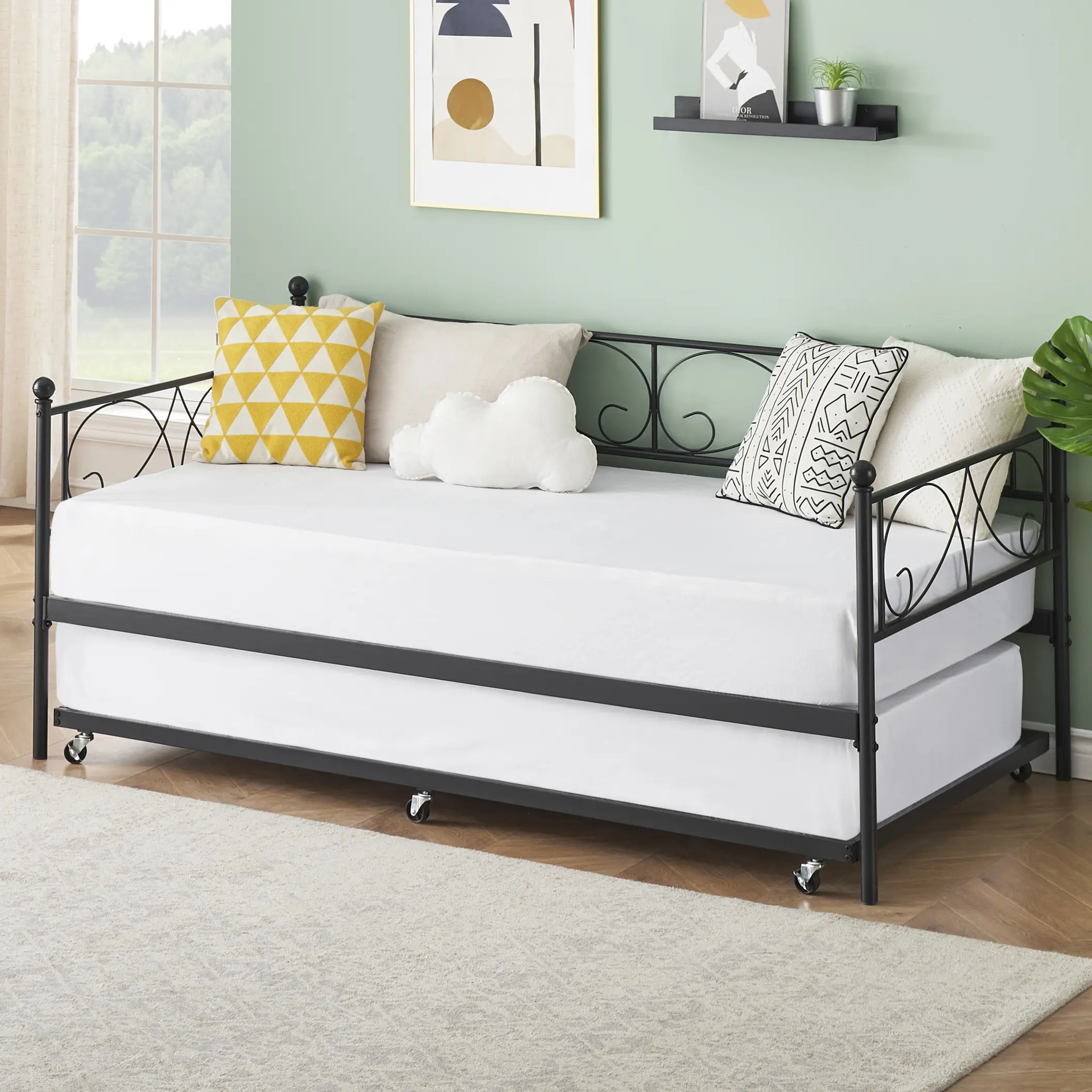 Space-Saving Twin Metal Daybed Frame with Trundle - Heavy Duty Steel Slats Platform Sofa Bed with Headboard - No Box Spring Needed - Guest Bed for Bedroom, Kids, Teens, Adults - Black or White