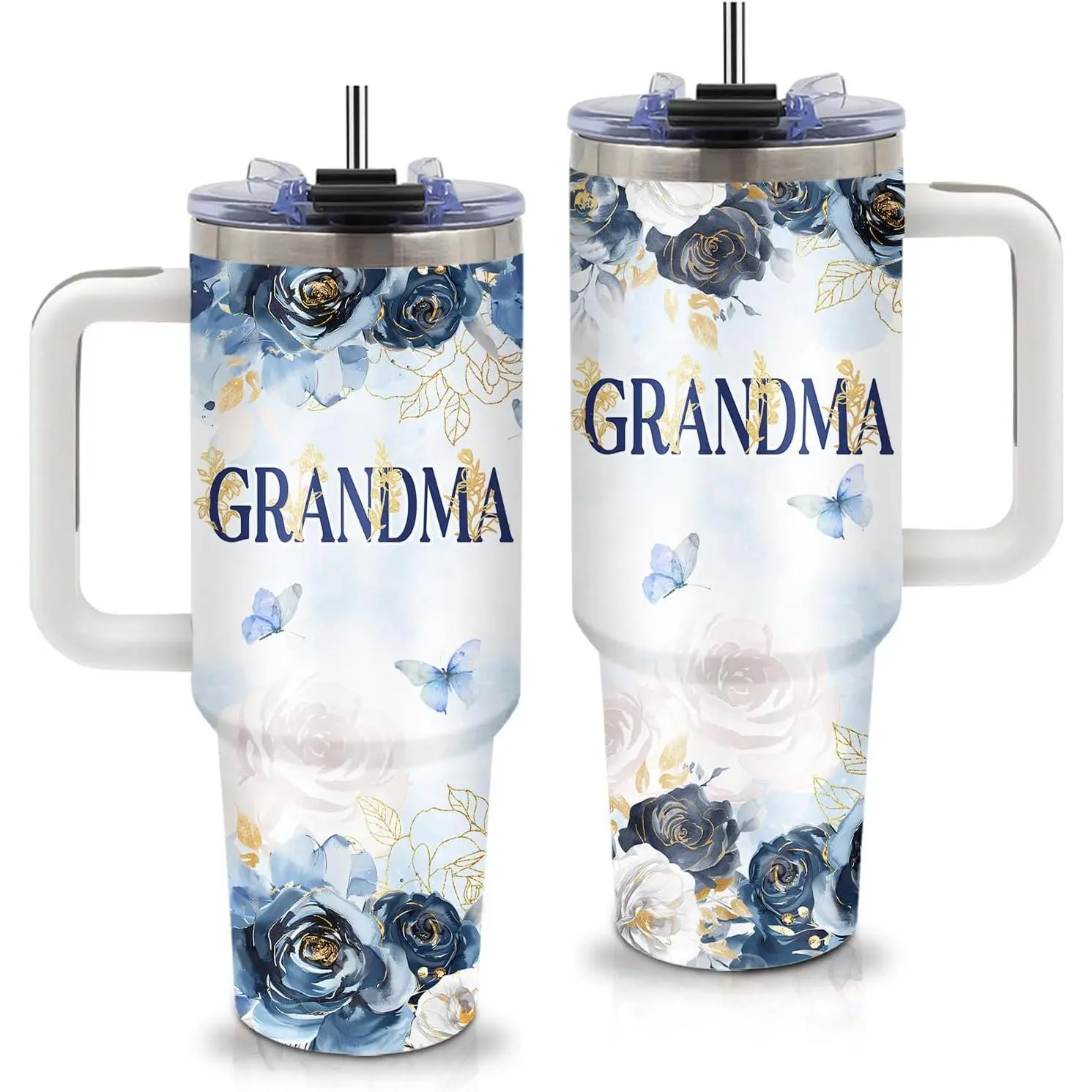 Grandma Gifts - Birthday Gifts for Grandma 40oz Tumbler with Handle and Straws, Stainless Steel Insulated Travel Mugs, Leak-Proof, Christmas Gift Floral Cup for Grandmas from Grandchildren Grandkids