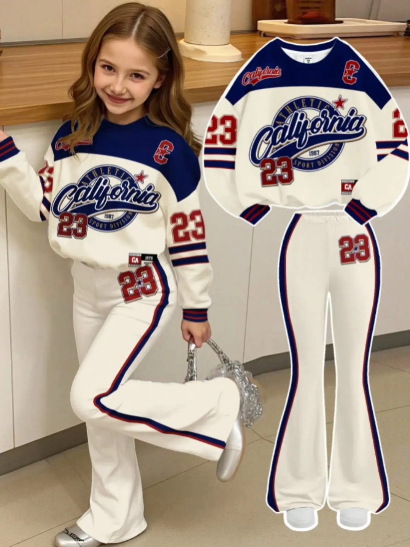 Tween Girl Casual Digital Print Round Neck Sweatshirt and Bell Bottoms Set, Slim-Fitting Spring & Fall Suit, All over Print Pattern
