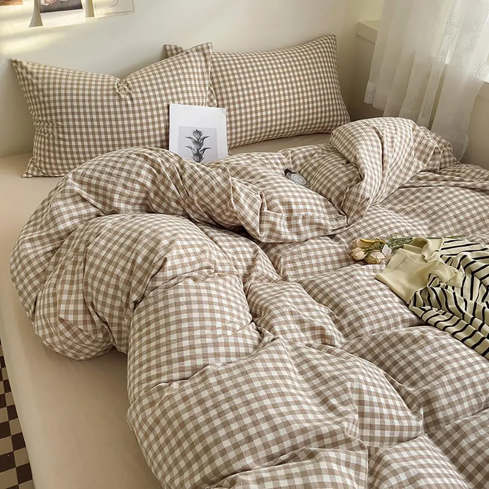 Twin Size Brown Gingham Bedding Set - 2-Piece Soft Lightweight Grid Farmhouse Quilt Bedding Set with Hidden Stitching, Includes Comforter for Dorm Rooms Cozy Retreat, Fluffy Bedding Set