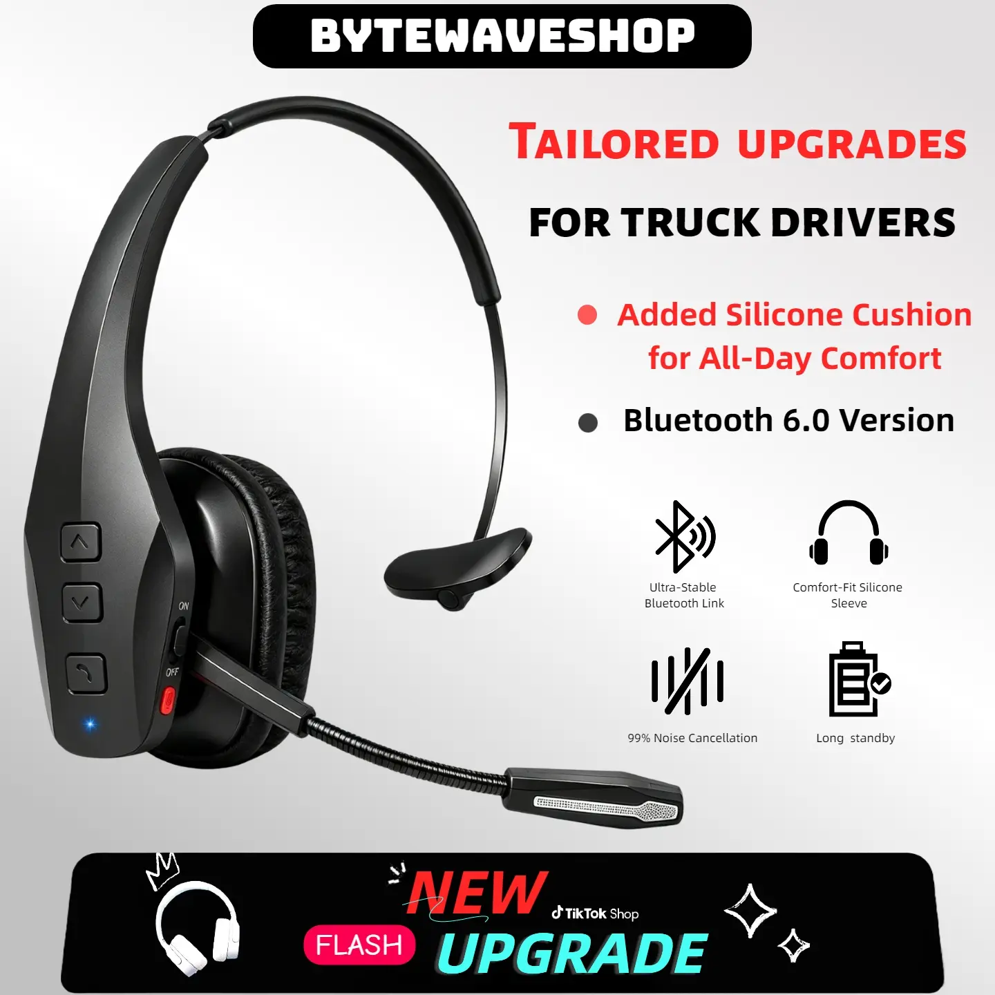 Bytewaveshop 2026 Upgraded Trucker Bluetooth V6.0 , Wireless Headset with Mic, ENC Dual 99% Noise Cancelling Microphone & Mute Button, 55Hrs Working Time PC Headset for Truck Drivers,  Premium Audio Cell Phones Ergonomically designed headset