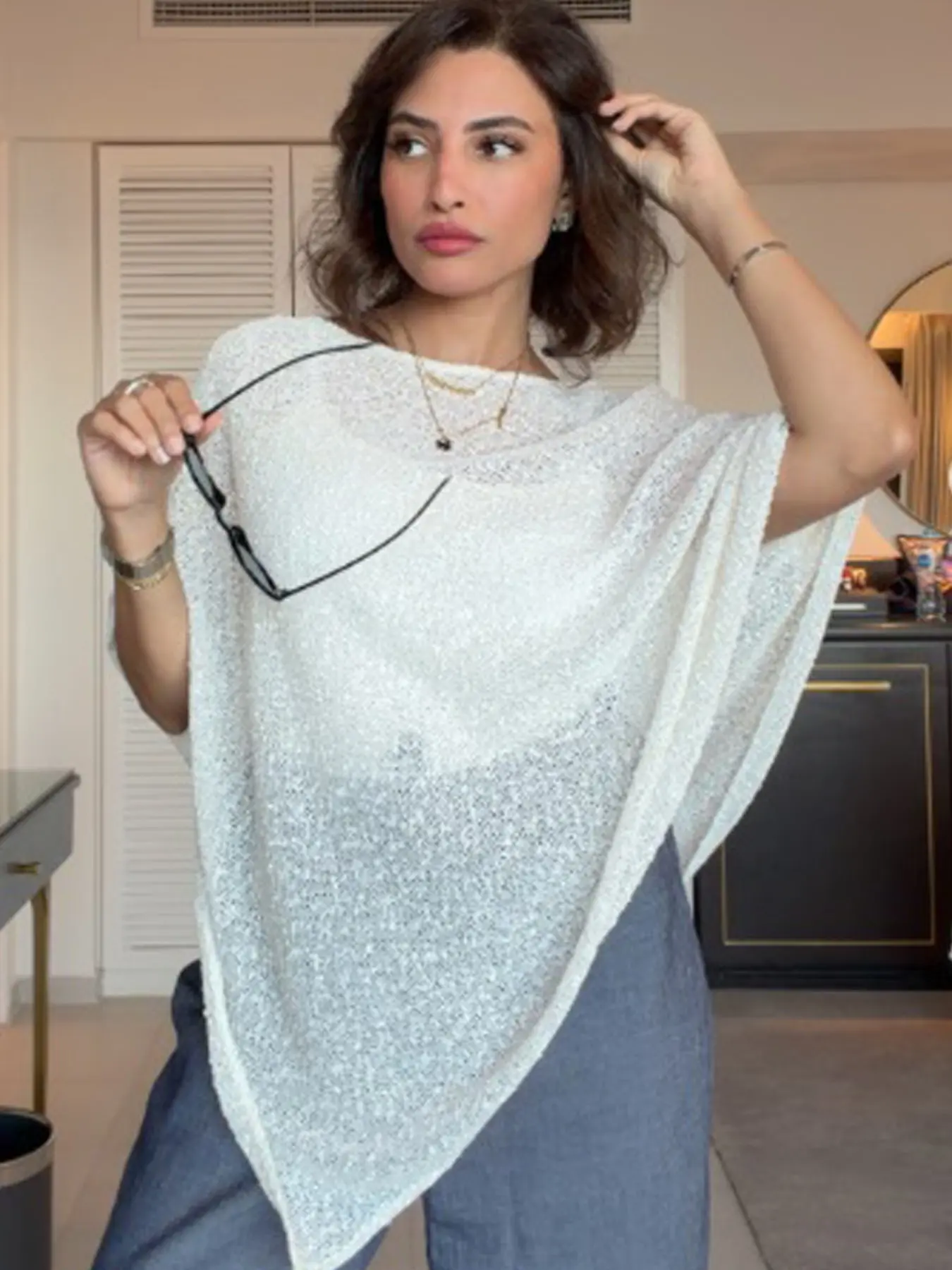 Asymmetric Women's Poncho Tops Batwing Sleeve Oversized Poncho Tunic Beach Cover Up Womens Blouses Casual Summer Sheer Vacation Ladies Tops Cape Top