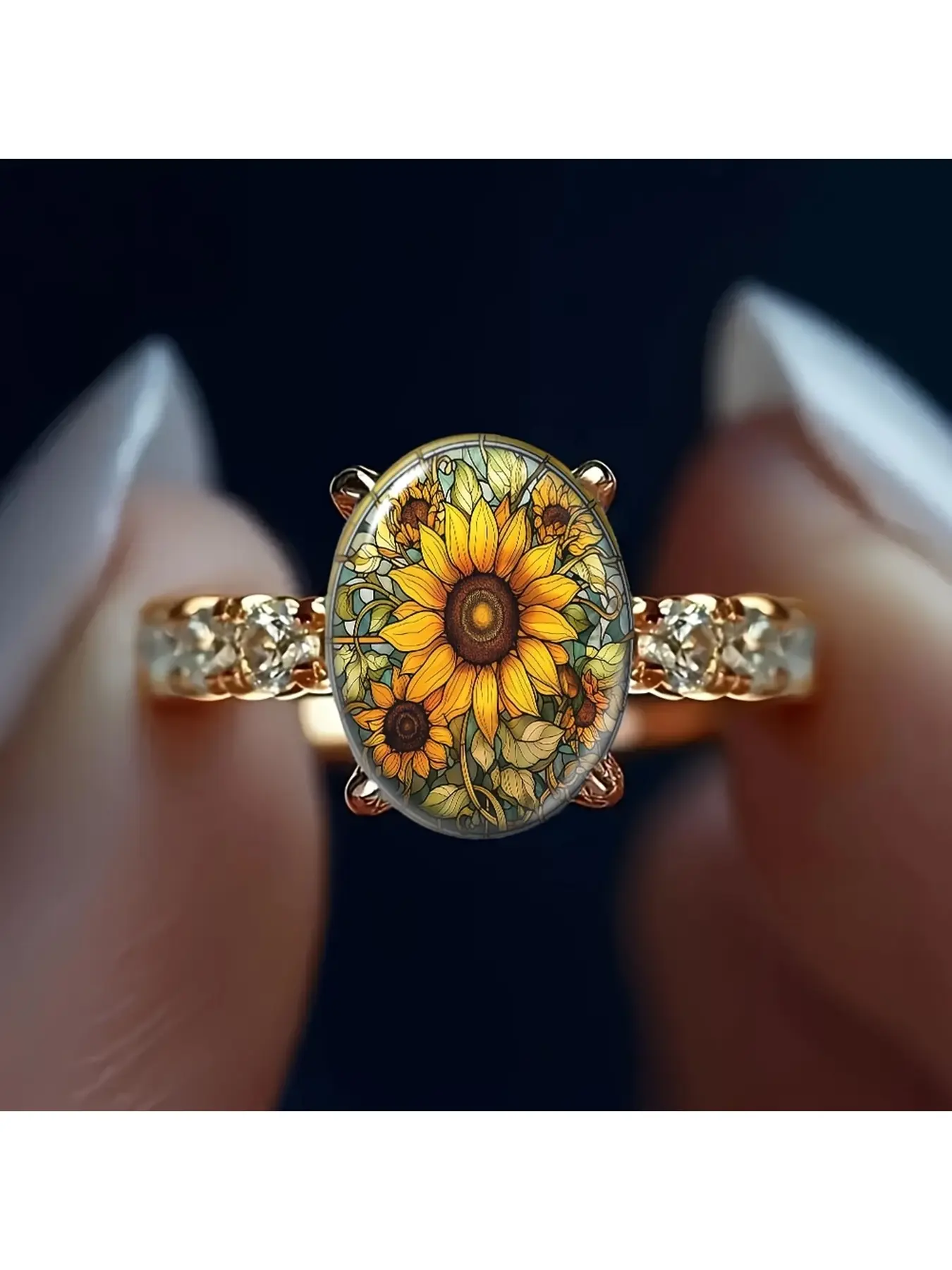 The painted sunflower oval rose gold ring, Boho jewelry, features a retro glass painted style of sunflower floral pattern, with warm soft color tone. Sunflowers symbolize sunshine and hope. It is suitable as a daily accessory for those