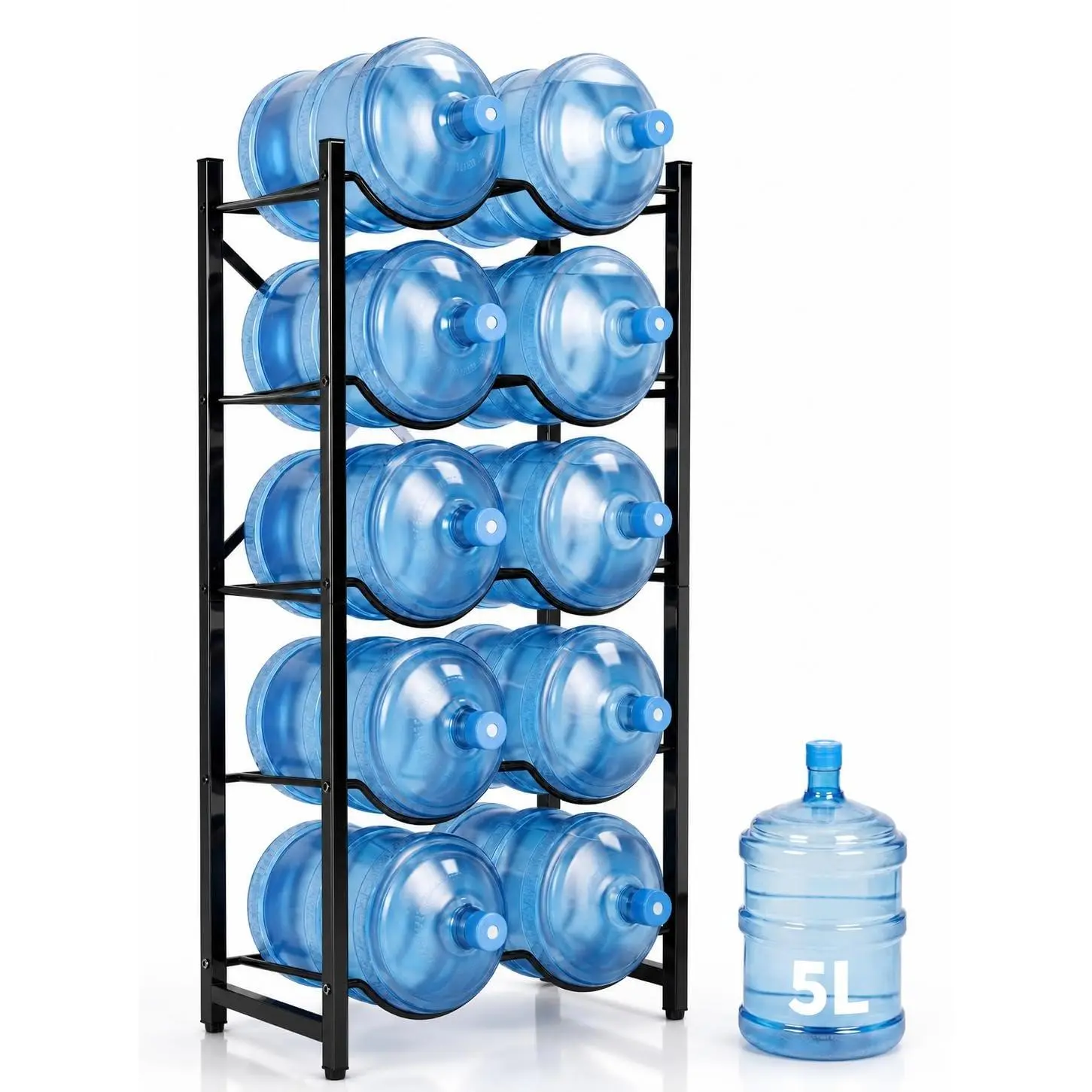 Garvee Heavy-Duty 5 Gallon Water Bottle Rack, 10-Bottle 5-Tier Double Row Detachable Jug Storage Stand for Water Cooler Bottles, Space-Saving Organizer for Office Kitchen Garage, Black/Silver