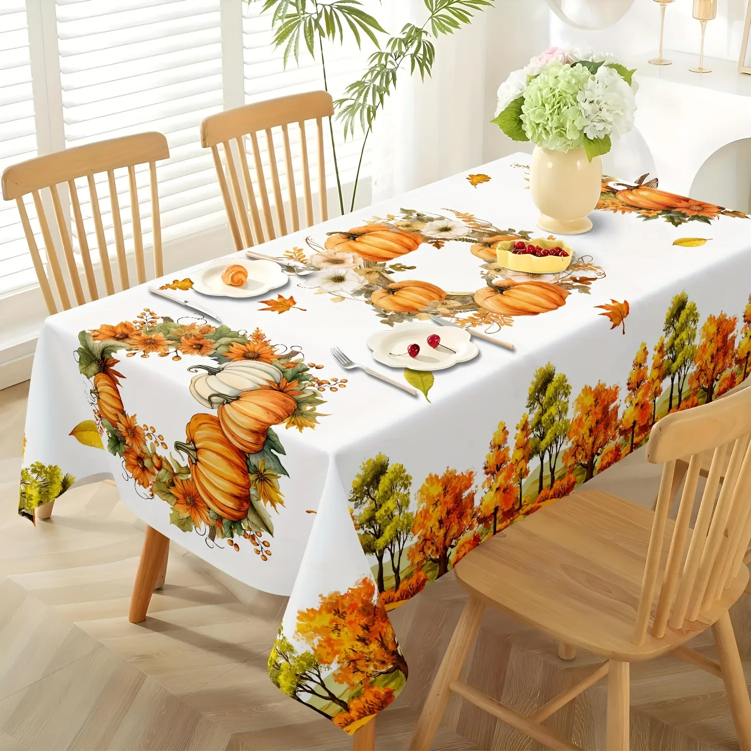 Thanksgiving polyester tablecloth, 100% polyester, with graphic autumn leaves and pumpkins, rectangular tablecloth, suitable for dining and decoration, autumn harvest theme
