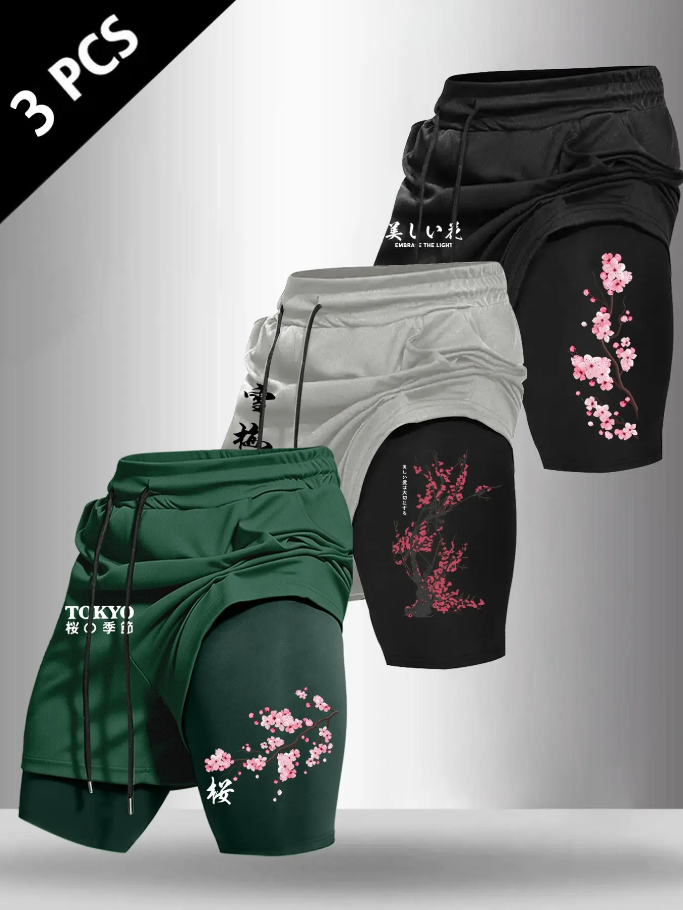 Men's 2-in-1 Double Layer Training Shorts, Dual Layer Shorts, Floral & Japanese Letter Print, Elastic Drawstring Waist, Breathable Fabric Sports Bottoms With Pockets, For Gym, Running, Daily Training & Street Wear, Graphic Shorts