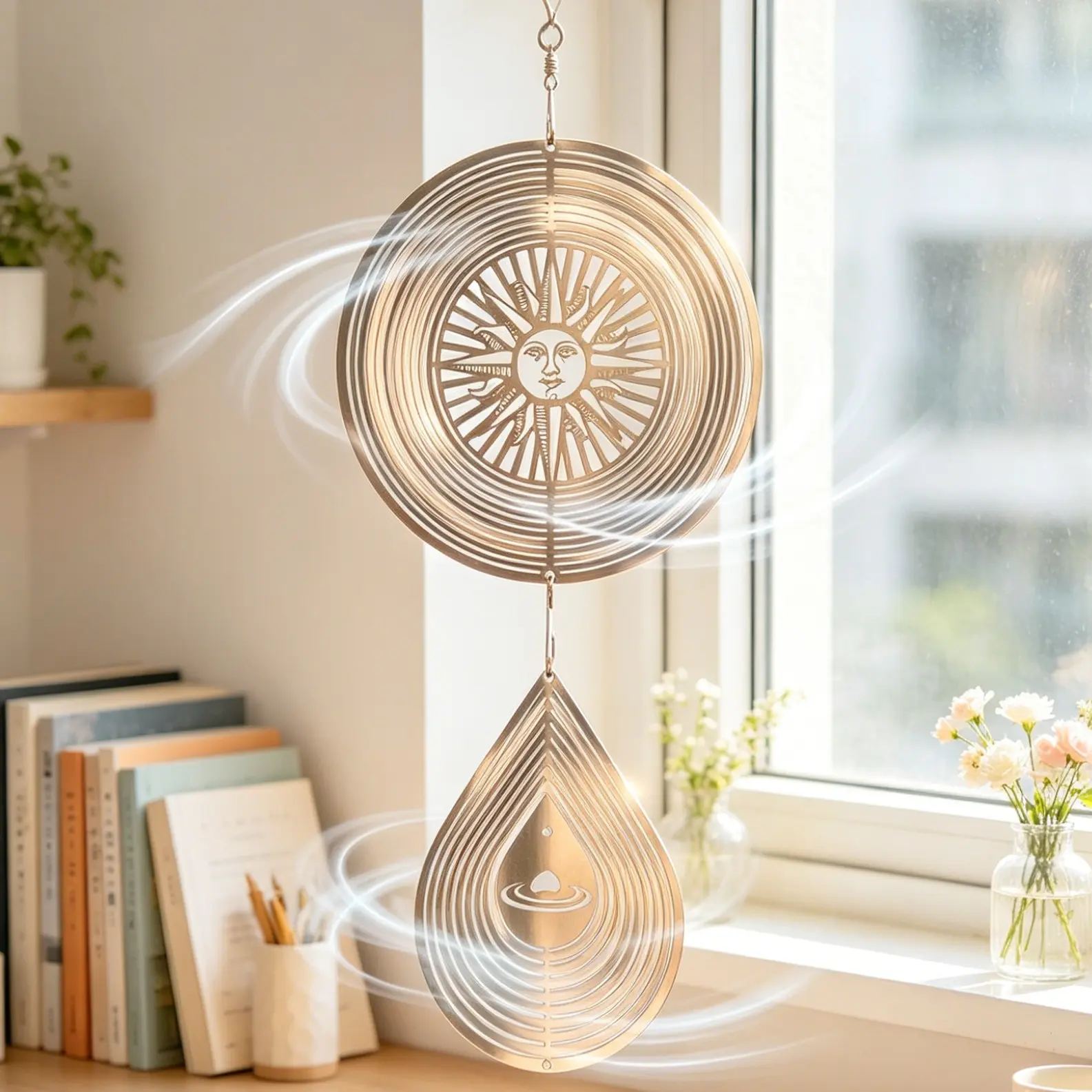 Sun & Droplet Mirror Stainless Steel Wind Spinner Rotating Light Reflections 3D Wind Spinner Quiet Bearing & 360° Rotating  Hanging Wind Spinner