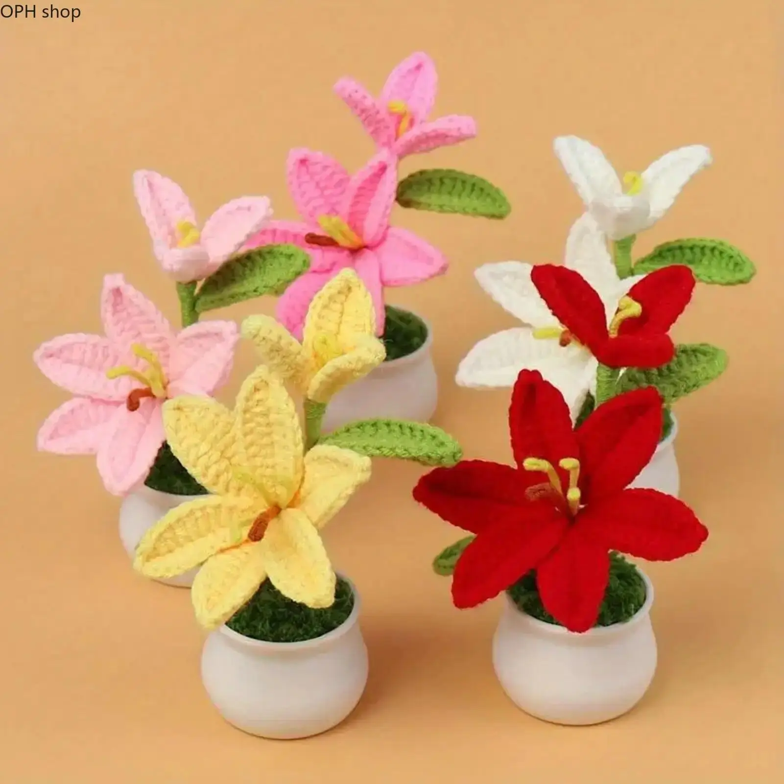 Hand-Crocheted Maintenance-Free Decorative Potted Lilies with Polyester Lily Flowers, Mini Lifelike Desktop Ornament for Home/Office Decor