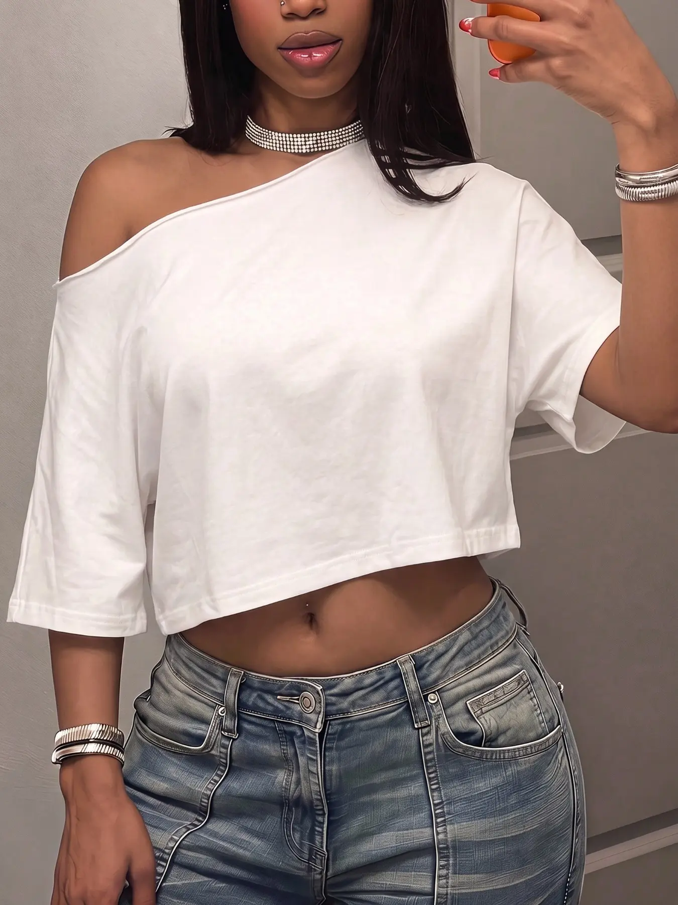 White Asymmetrical One Shoulder Crop T Shirt For Women, Off Shoulder Short Sleeve Loose Fit Cropped Top, Slant Shoulder Casual Tee, Y2K Streetwear Crop Blouse Match Jeans And Pants