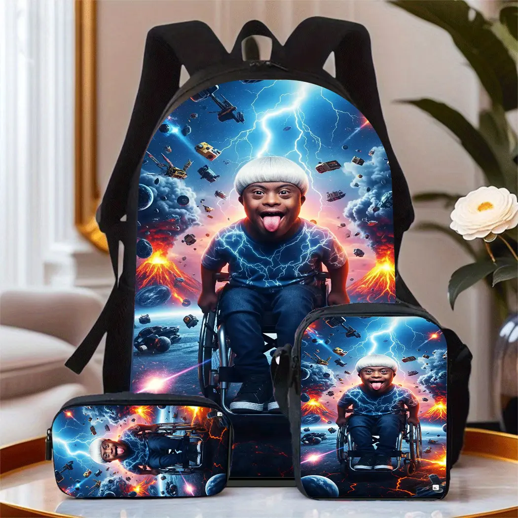 Winter Christmas three-piece themed large-capacity Oxford cloth travel bag, unisex backpack, includes pencil case and crossbody bag, hand washable - suitable for everyday commuting for both men and women.