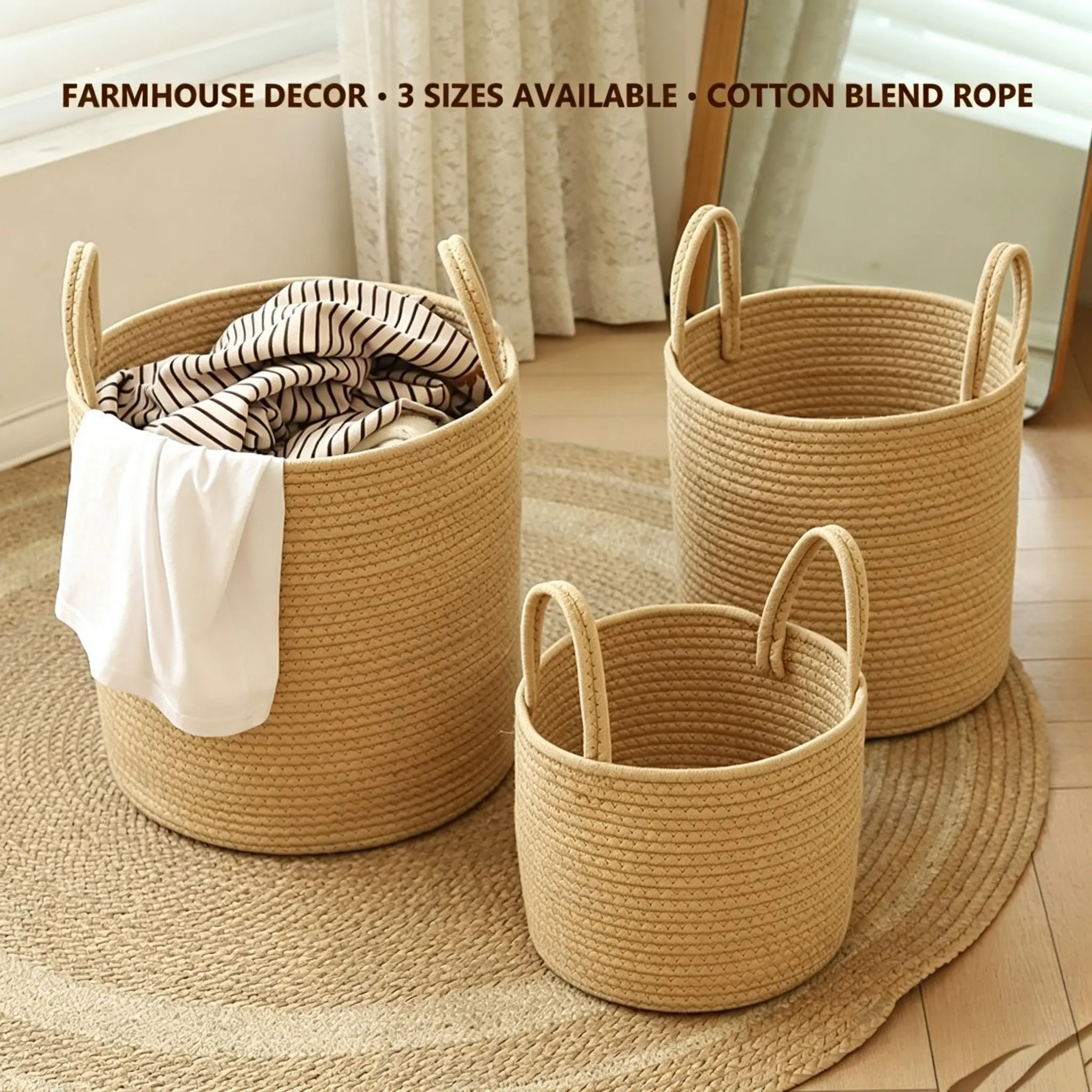 Hand-Woven Cotton Rope Storage Basket with Handles, Foldable Round Bin Small Medium Large, Cream White & Khaki, Boho Farmhouse Country Home Decor, Nursery Bedroom Laundry Blanket Toy Apartment Flat Organizer