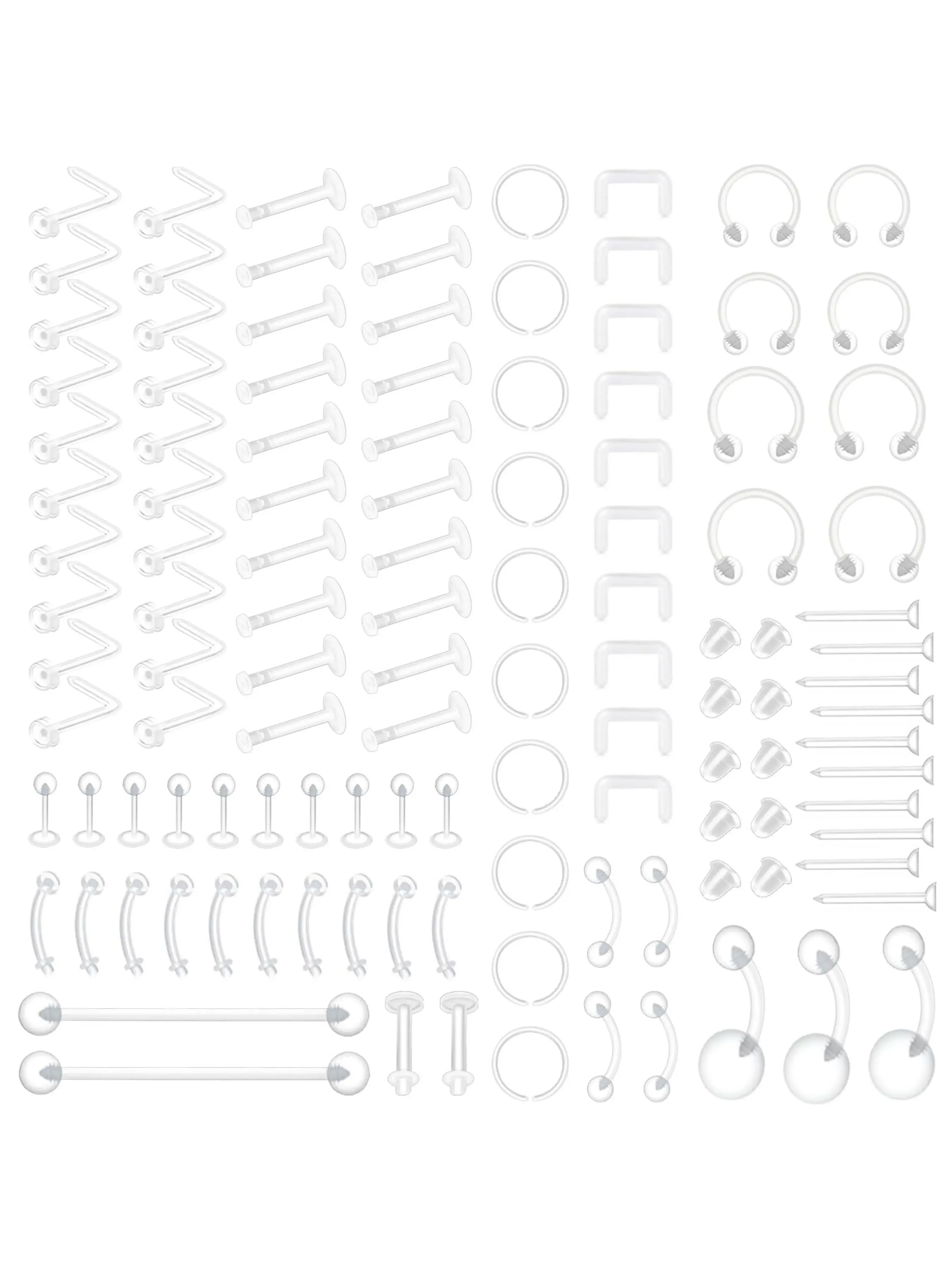 109 Pcs Clear Piercings Retainers Kit Nose Septum Eyebrow Lip Labret Piercing Retainer Tongue Belly Tragus Cartilage Rings Bioflex Plastic Industrial Barbell Jewelry for Work