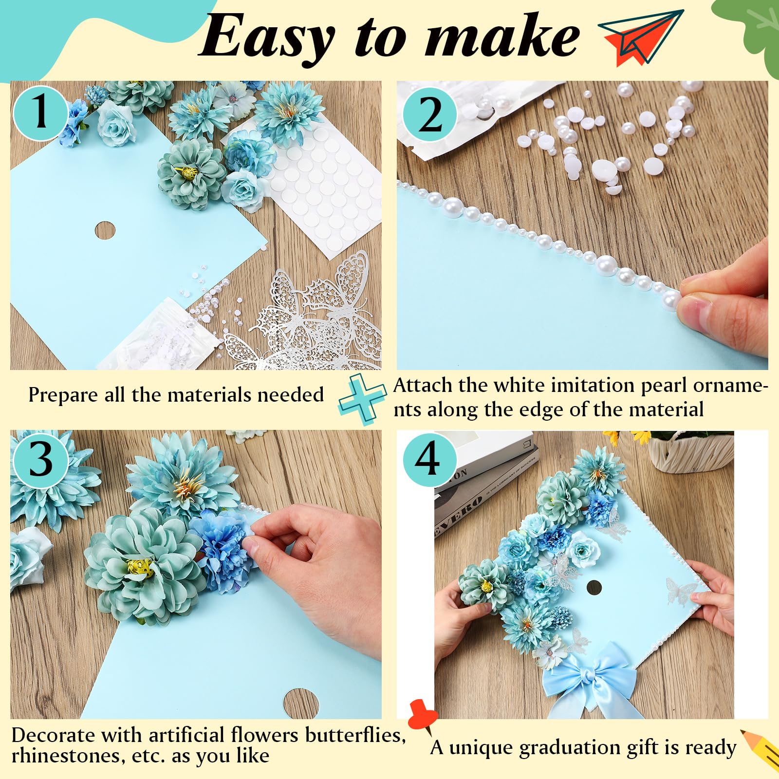 41-Pcs DIY Graduation Cap Decoration Kit for Class of 2026 - Party Accessories with Artificial Flowers, 3D Butterflies, Cute Graduation Bow, Grad Cap Topper Ideas, Ceremony Photo-Ready Grad Party Supplies, Craft Gift for Kids