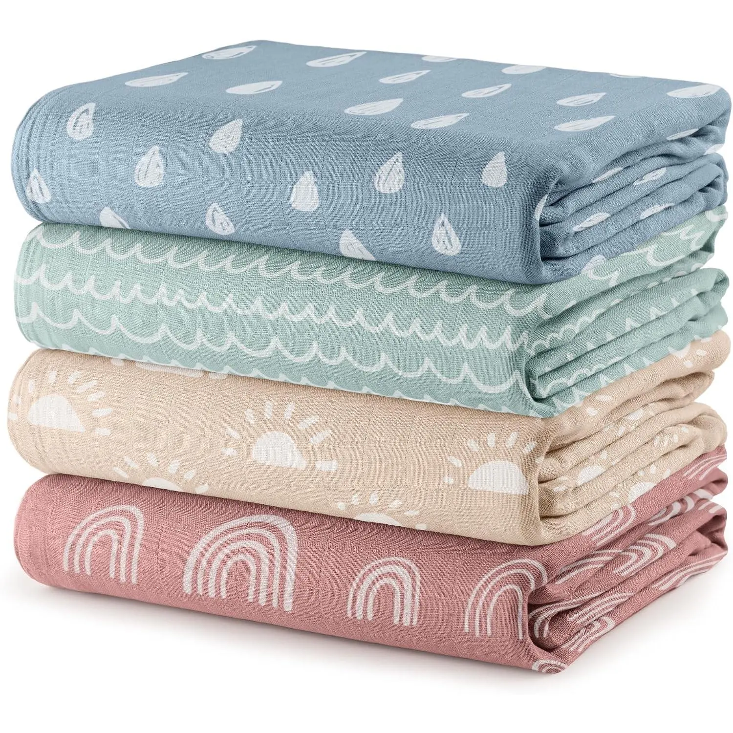 Muslin Swaddle Blankets Pack of 4, 47 x 47 Inches, Soft Cotton Baby Blanket Set, Large Multipurpose Swaddling Wraps for Newborns - Self-Soothing Swaddle - Sun, Rainbow, Rain, DoodleGift