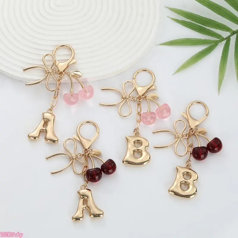 Bow Cherry Letter Keychain Charm | Viral 2026 Cute Custom Alphabet Bag Pendant, Girly Creative Handbag Decor Accessory, Mini Dainty Backpack Ornament for Daily OOTD Teen Girls Fashion Holiday Gift