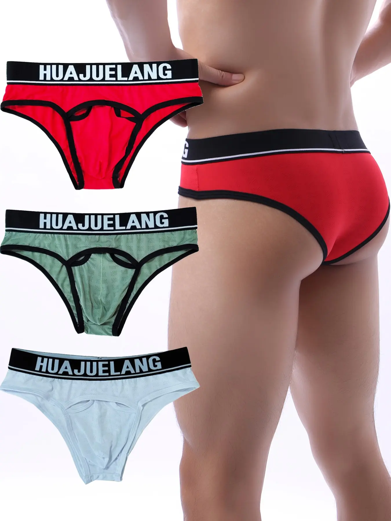 Pack of Three Men's Low Waist Design Bikini Briefs with Elastic Waistband, Elastic Fit, Thin Mesh Breathable Breathability Elastic Triangle Underwear, Trendy Fashion Sporty Active Wear Comfort Shorts for Summer