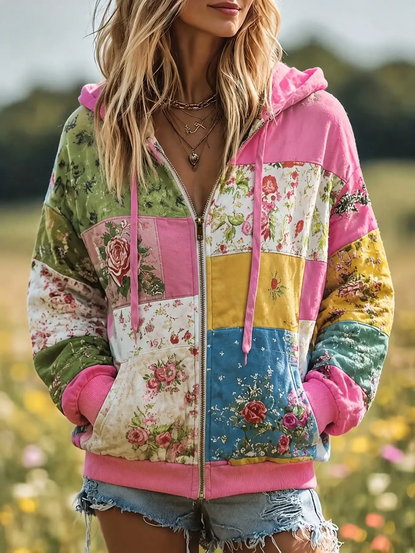 Women's Vintage Spliced Print Zip Up Hooded Coat, Floral Patchwork Drawstring Pocket Long Sleeve Hoodie, Loose Retro Casual Cardigan, Street Outdoor Vacation Daily Outerwear Top, Pattern Print Hoodie