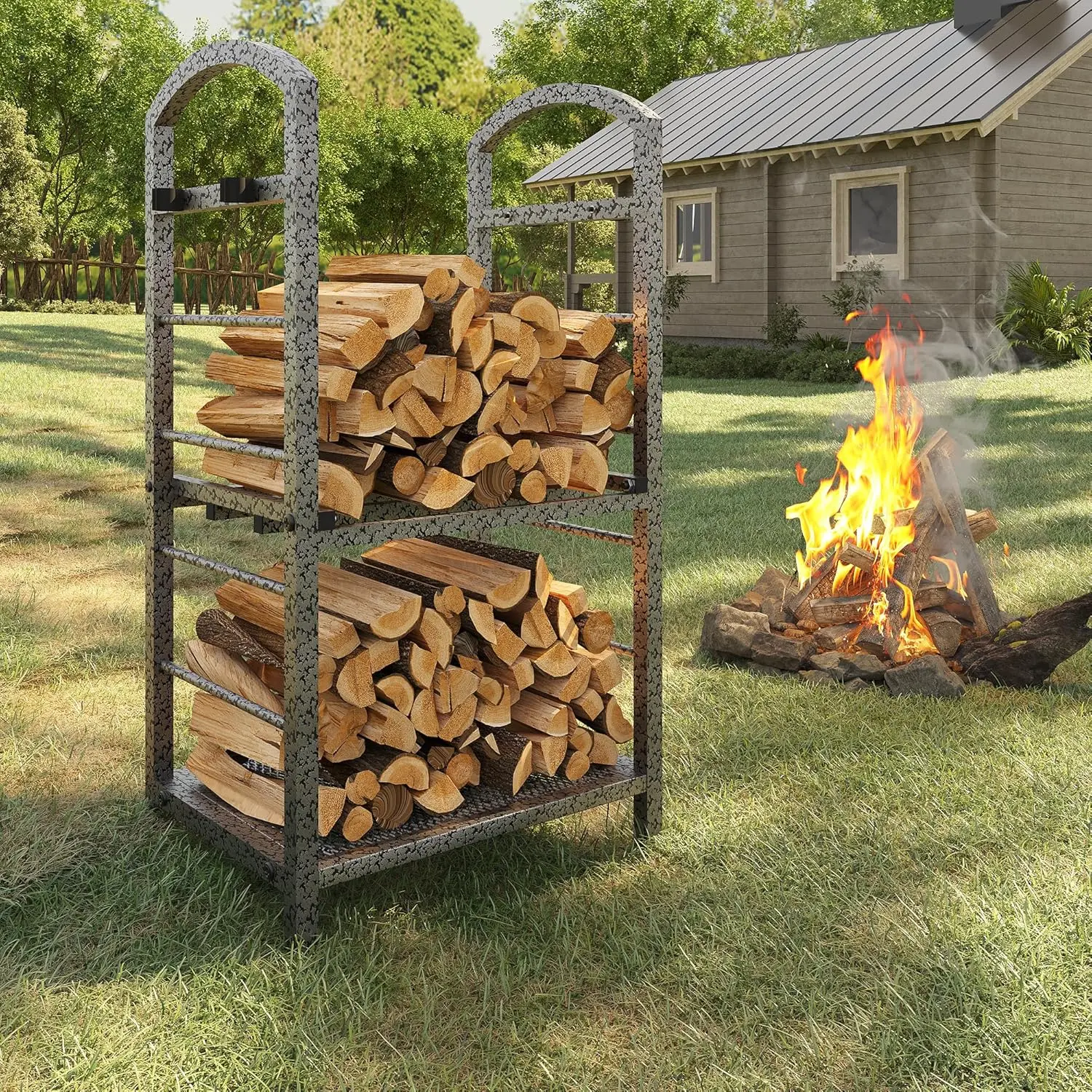 30 Inch Firewood Rack Outdoor Indoor, High Outdoor Wood Racks for Firewood, Fire Wood Storage with Kindling Hooks, Large Metal Fireplace Log Rack Storage Carrier Organizer, Sliver
