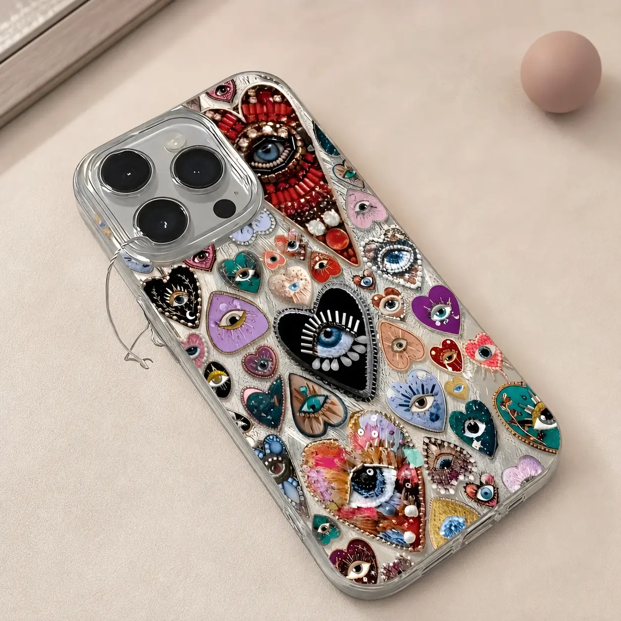 Not 3D Raised Effect,Boho Evil Eye Heart Case for iPhone 17/16/15/14/13/12/11 Pro Max/Pro/Plus/Air Beaded Holographic Shockproof Slim Fit TPU Material Eclectic Art Aesthetic Colorful Cellphone Cover Protection Smartphone Casing, Accessories, Pr,Pum,Hallo.
