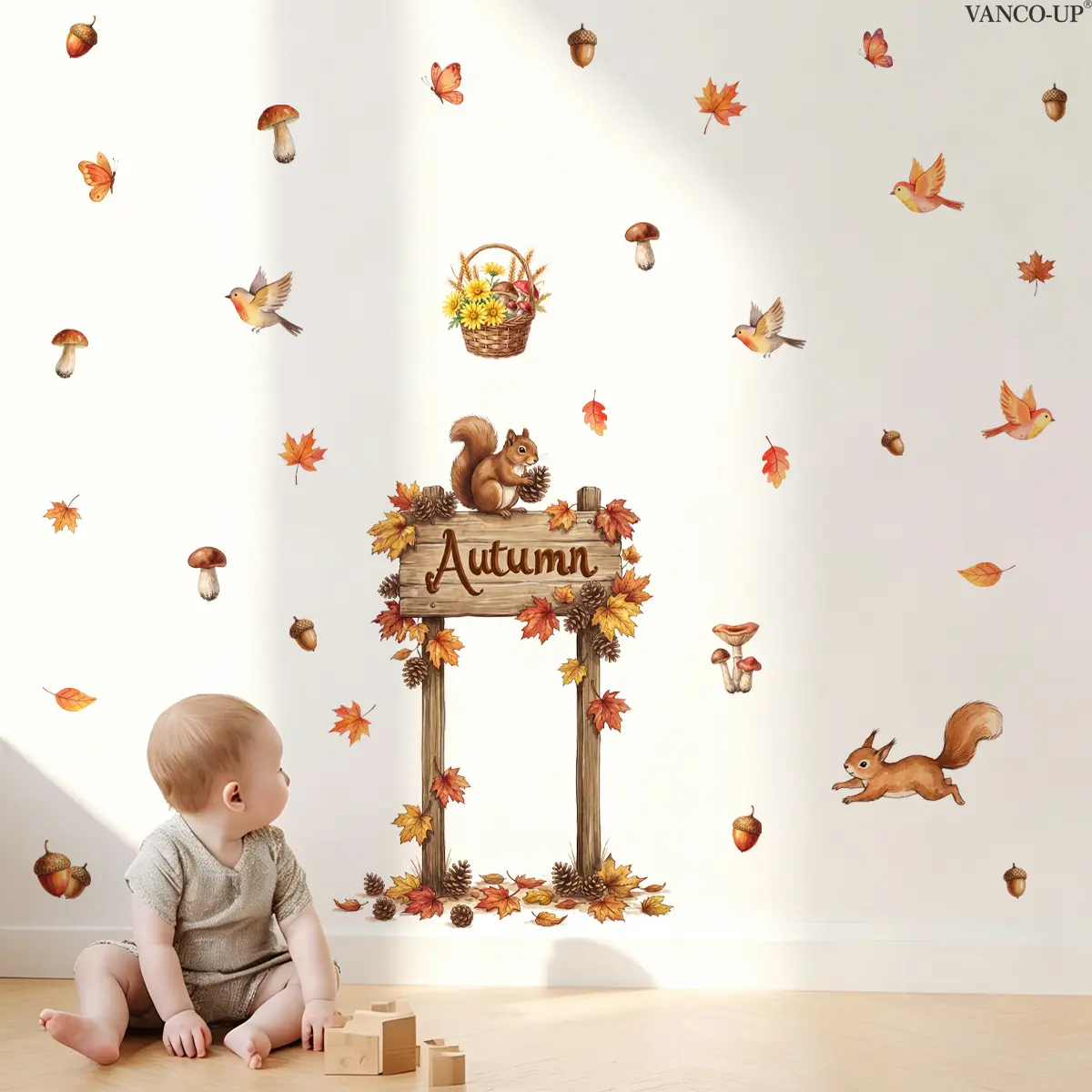 2Pcs Set (3090cm2pcs) Autumn Maple Leaf Squirrel Bird Acorn Mushroom Self-Adhesive Wall Stickers, Warm Fall Decor Decals for Living Room Wall Ornament