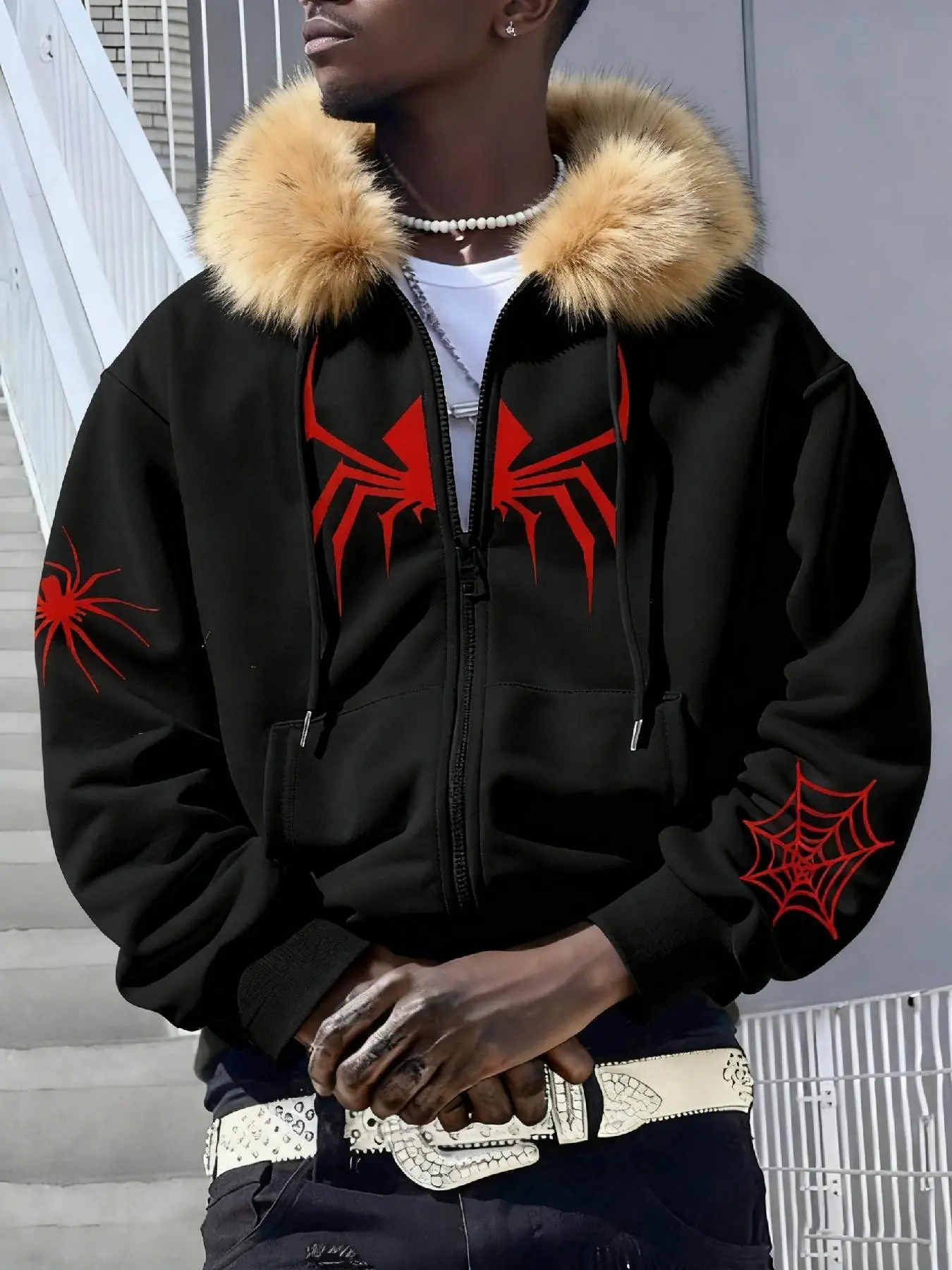 Bold Spider Design Jacket, Detachable Fuzzy Collar, Full Zipper, Thick Fabric, Fall Winter Fashion for Men