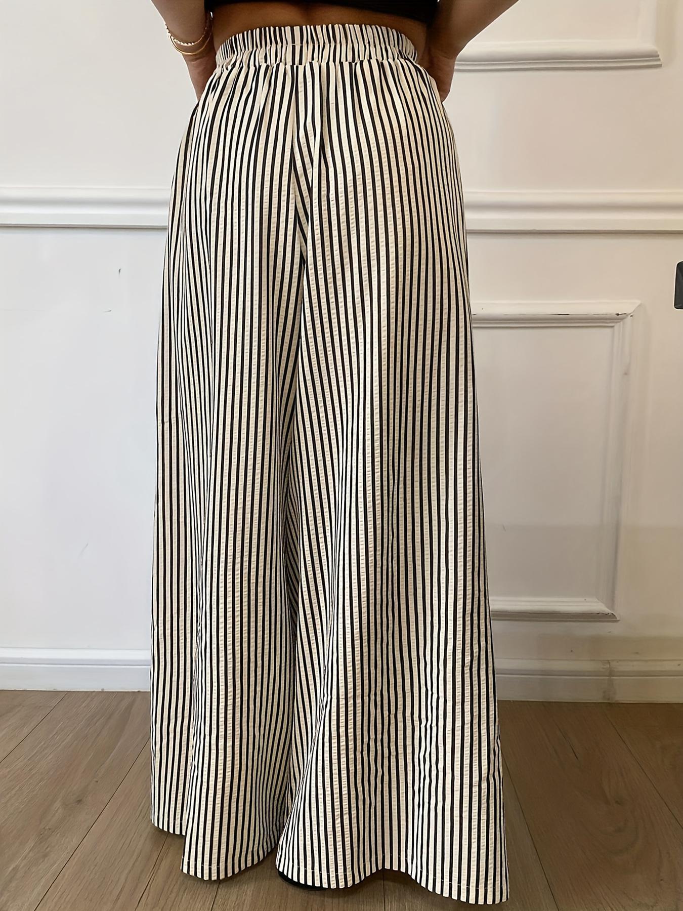 Women's Vertical Striped Casual Elastic Waist Wide Leg Pants, Loose-Fitting Stripe Design, Comfortable Daily Wear