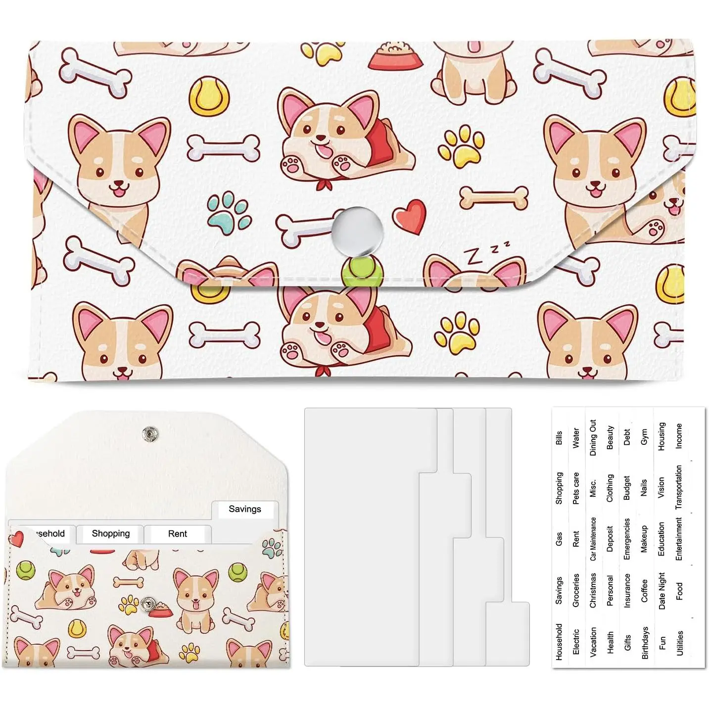 PU Leather  Envelopes Wallet,   Savin Wallet, Cute Budget Envelope with 4 Dividers & 1 Sheets Budget Labels Cute Corgi
