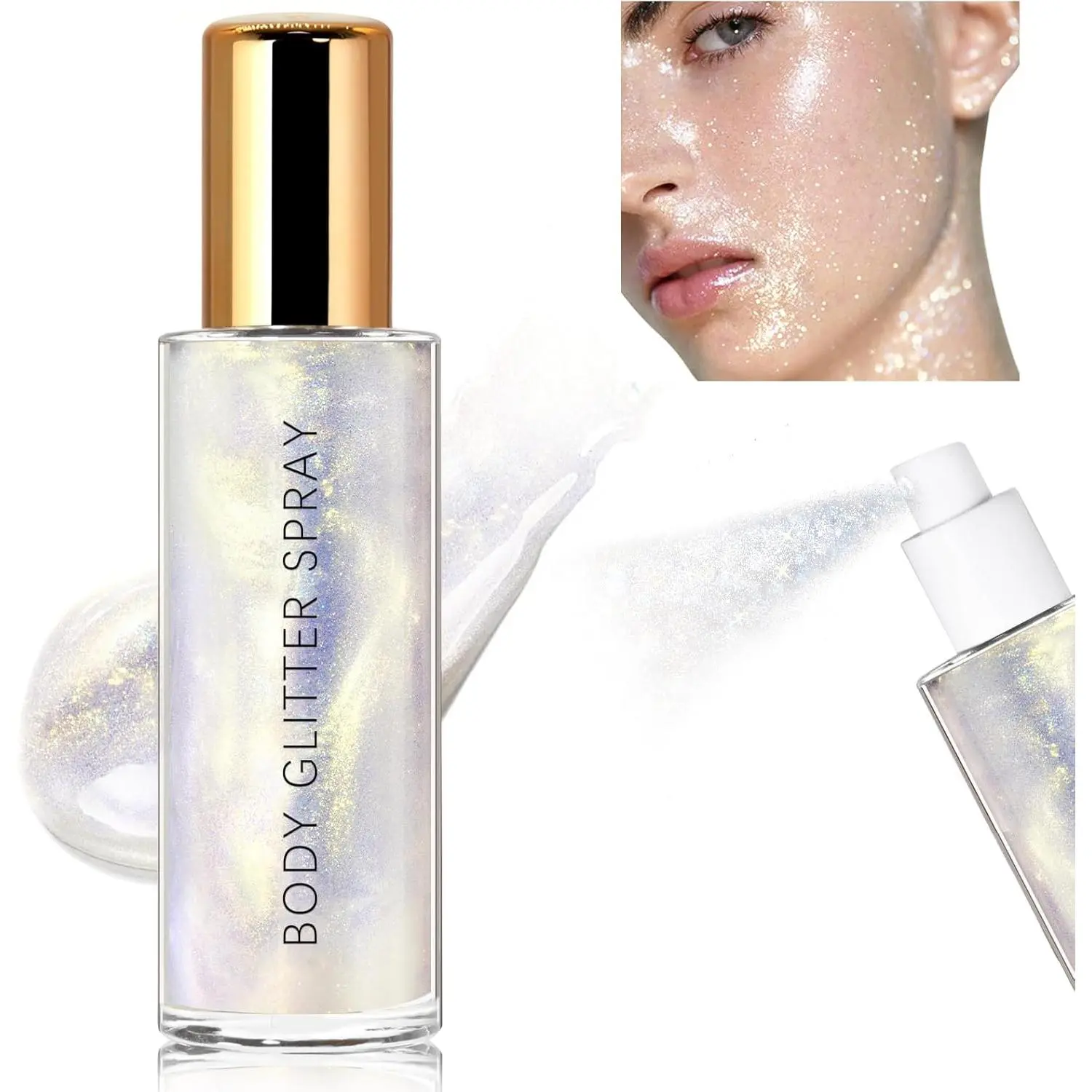 Body Glitter Spray, Moisturizing Bronze Body Shimmer Luminizer Glow Illuminator Quick-Drying and Non-Sticky Glitter Spray Liquid Highlighter Spray for Face Hair Body Glitter, 60ML -Silver