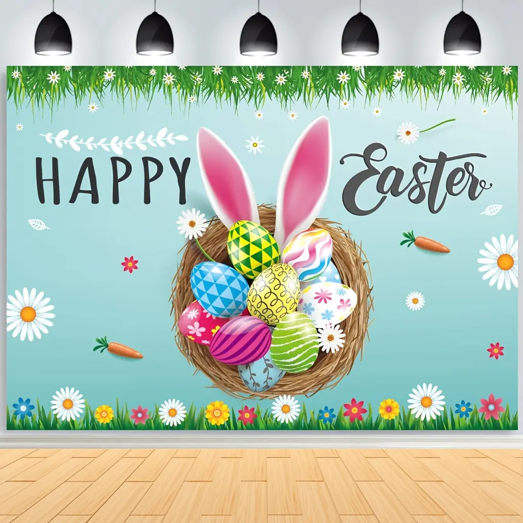 Spring Easter Backdrop, Rabbit Ears And Colorful Egg Banner With Bird Nest, Flowers And Carrot Design, Polyester Photo Background For Birthday Party, Studio Photography And Holiday Decor