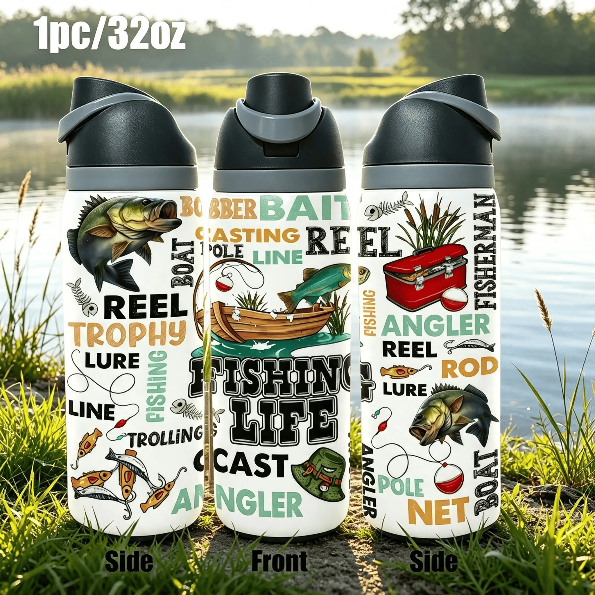 1PC 32oz Stainless Steel Water Bottle, Leak-Proof Travel Cup, Ideal for Camping, Hiking, Fishing, Perfect Gift for Anglers, Single Pack