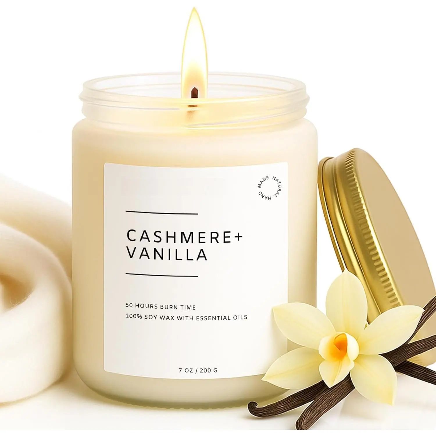 Cashmere Vanilla Scented Soy Candle with Wick, 50+ Hrs Burn Time, Creamy Aroma, Cozy Home Decor, Gift Box for Women