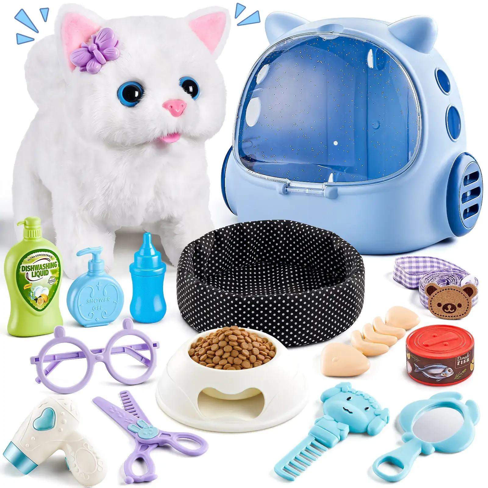 jj Versatile 16-Pcs. Unisex Kids Pet Care Grooming Set - Electronic Walking Realistic Plush Kitten, Toy Carrier, Feeding Accessories for Playtime, Ideal Birthday Gifts for 3-4 Years Children