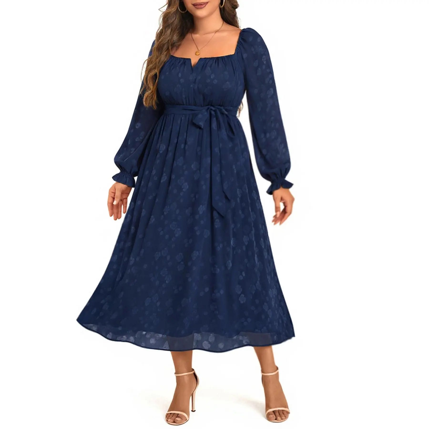 Women's Plus Size Fall Dress - Wedding Guest Long Sleeve Midi Semi Formal Square Neck Flowy Dresses