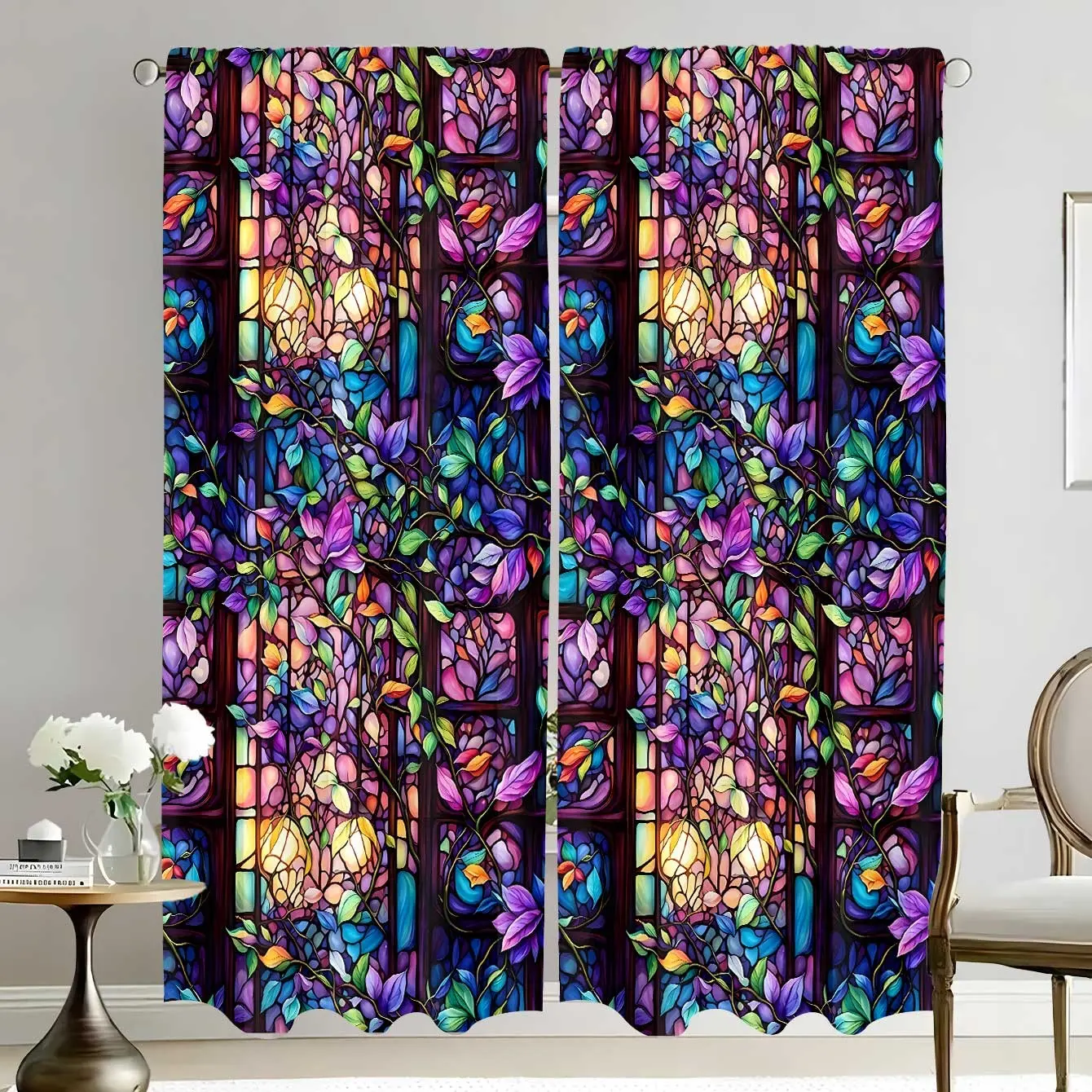 2 pieces of high-definition retro glass vine and flower art print curtains, Window drapes, offering semi-transparent protection for privacy, resistant to fading, easy to clean, and suitable for bedroom and living room
