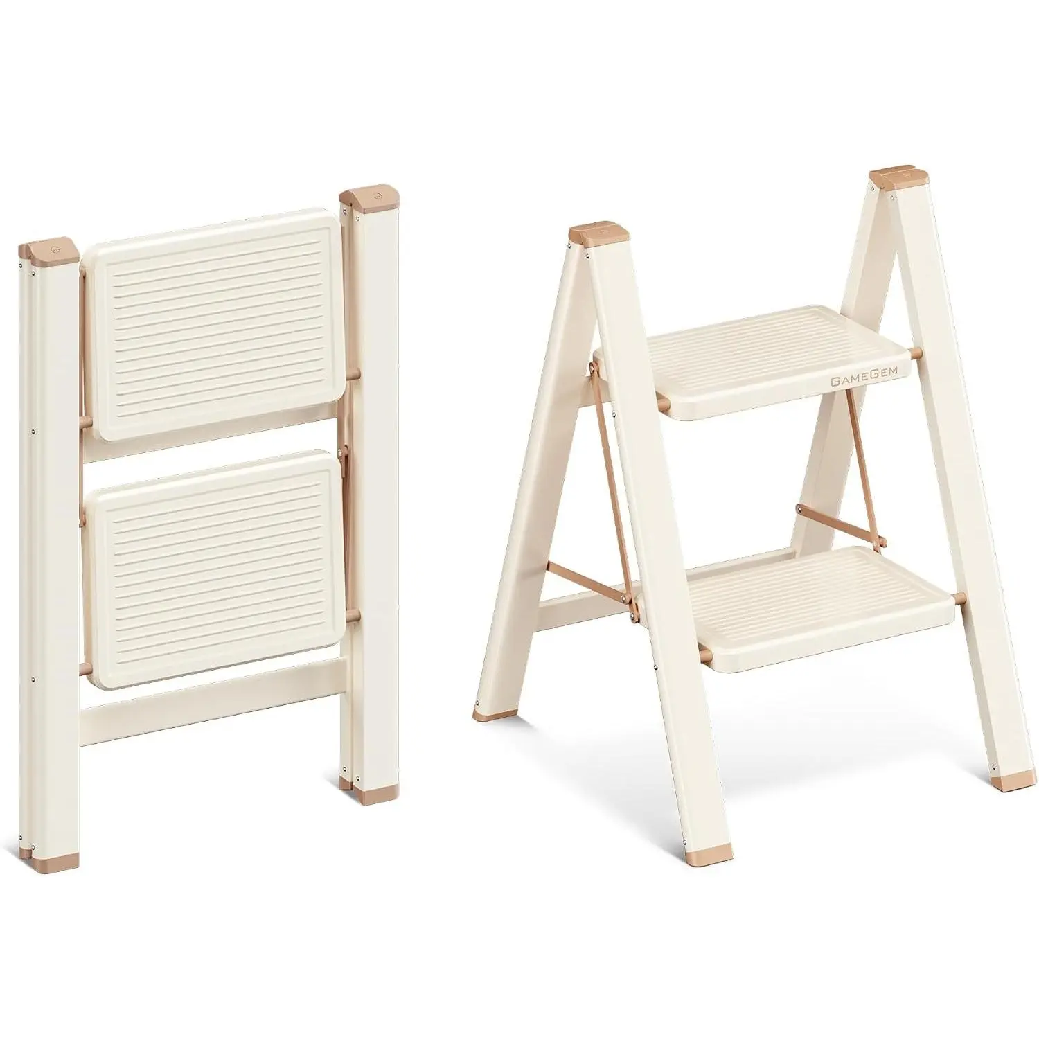 2 Step Ladder, 2 Step Stool for Adults, Folding Step Ladder with Secure Footing, Widened Pedal, Aesthetically Pleasing Looking, Blends Right into Domestic Rooms, Cream Chocolate