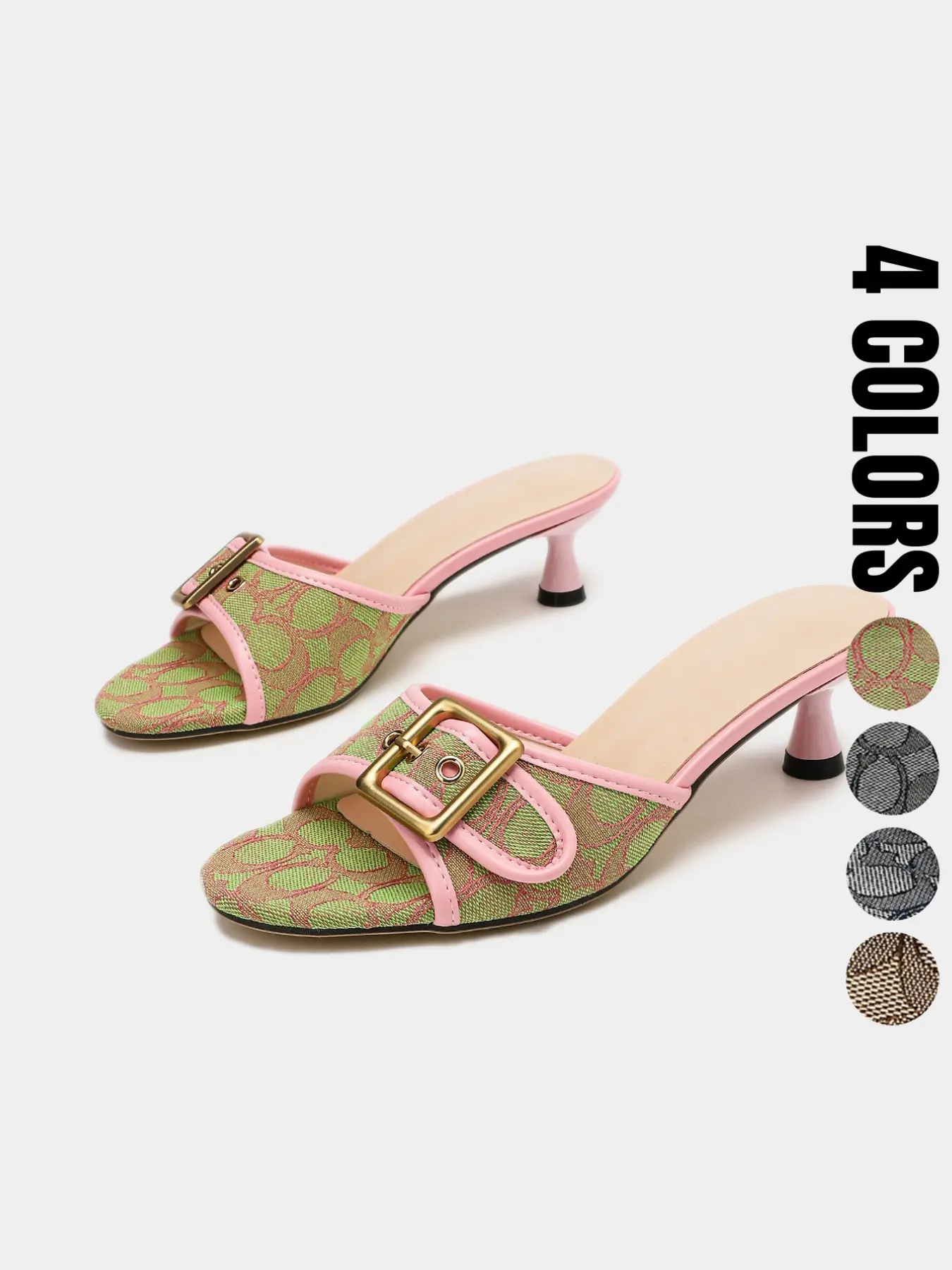 Vintage Floral Patchwork Leather Buckle Square Toe Mules, Mini Wine Cup Cat Heel Classy Sandals, Spring Summer Commute Vacation Shoes