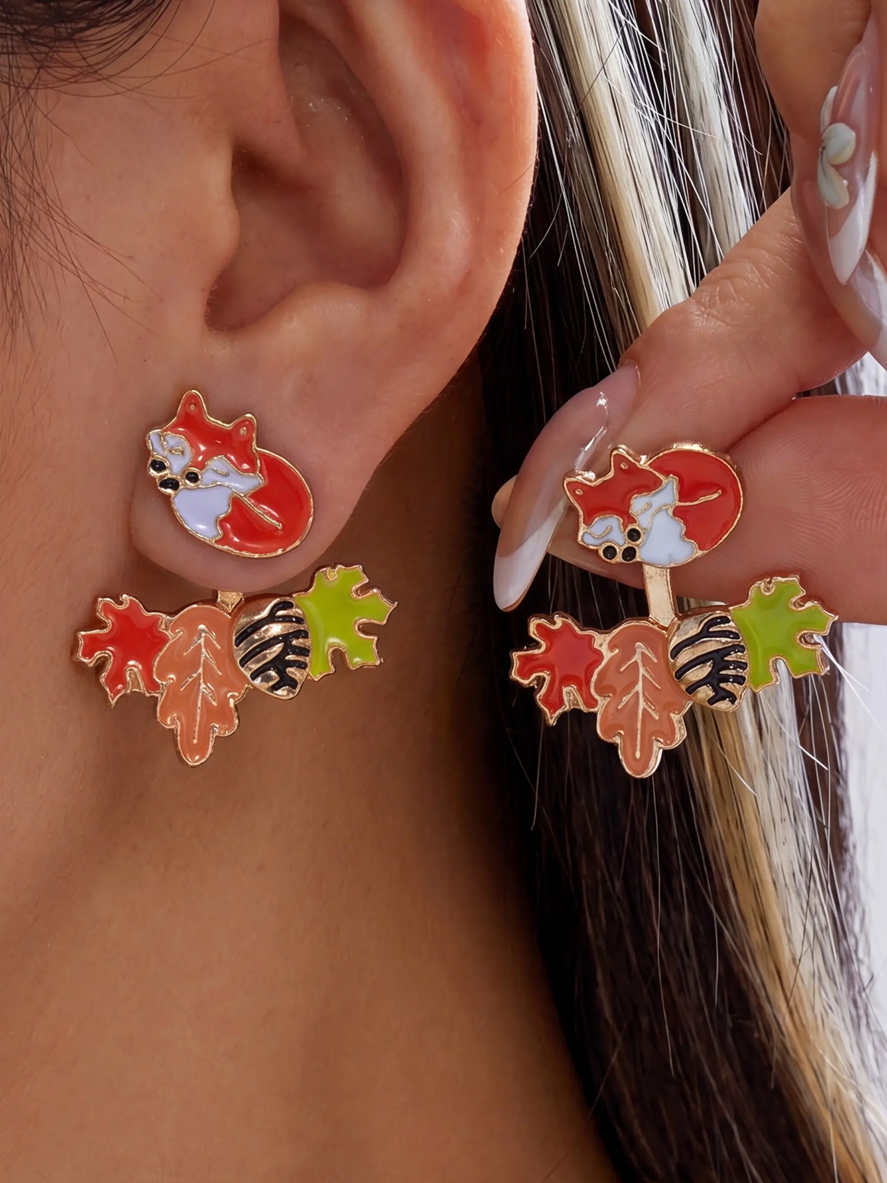 Autumn Maple Leaf Fox Stud Earrings 2 In 1 Drop Ear Jackets Enamel Cute Animal Leaf Dangle Earrings Fall Thanksgiving Women Vintage Jewelry