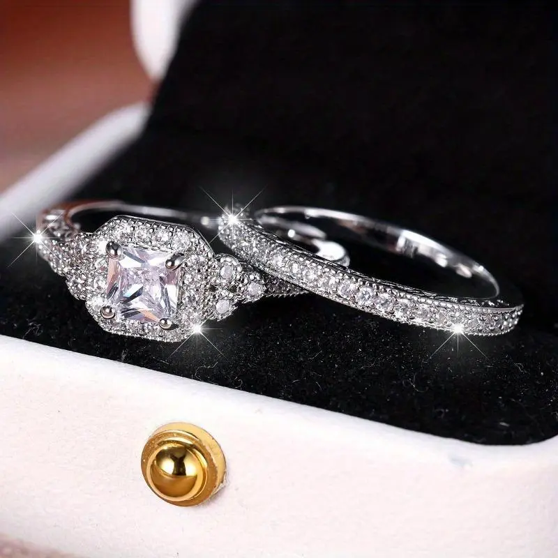 2-Piece Luxury Square  Wedding Ring Set, Women’s Promise Engagement Bridal Jewelry, Perfect for Valentine's Day Proposal and Mother's Day Gift