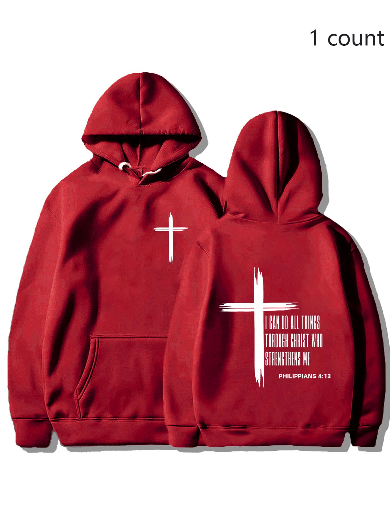 Christian Cross Hoodie, Philippians 4:13 Bible Verse Sweatshirt, Unisex Design Faith Inspiring Fitted Pullover Jacket, Casual Fall & Winter Wear