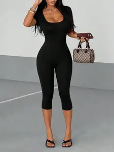 Women's Y2K Style High-Waisted Short Sleeve Romper, Tight-Fitting Slimming Bike Shorts, Retro American Vintage Look, Versatile Outerwear & Innerwear