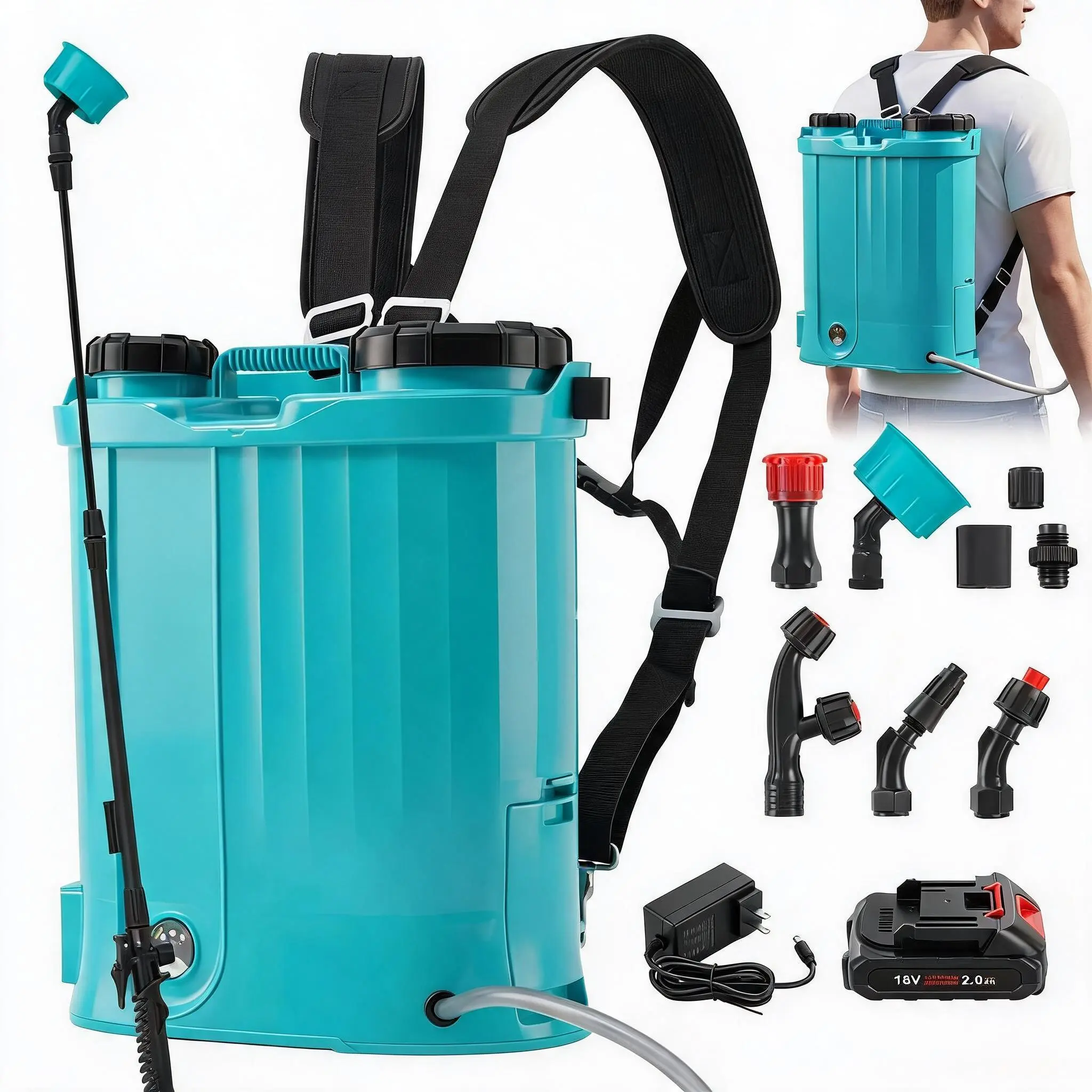 18V 2Ah Battery Powered Backpack Sprayer 4.23 Gallon with Nozzles & Wand - 0-65 PSI Adjustable Pressure Electric Lawn & Garden Sprayer