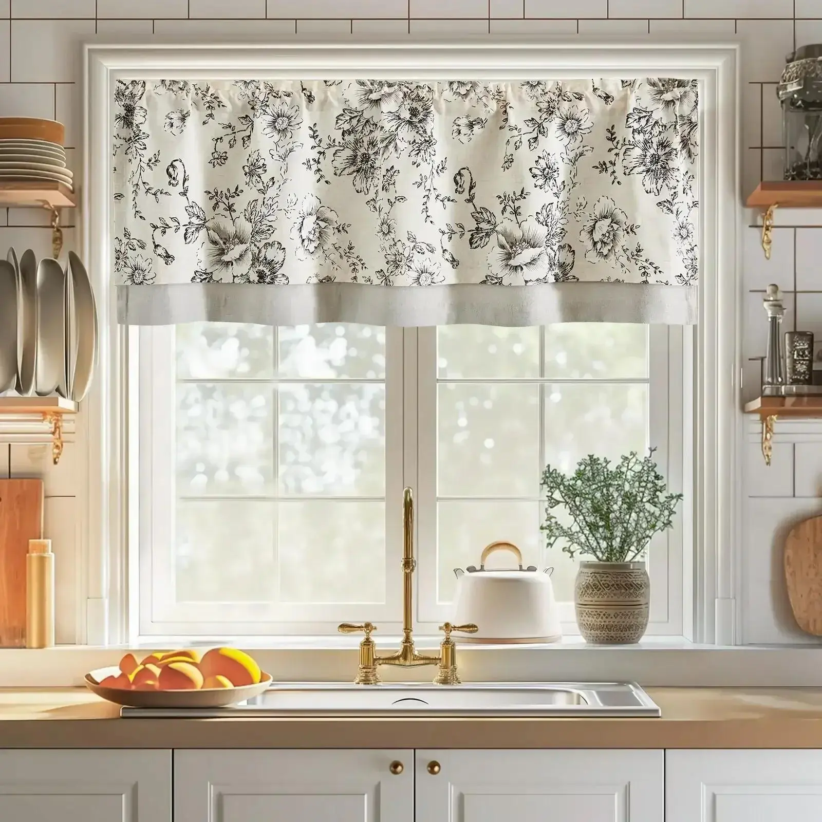 Vintage Peony Flowers Linen Window Valance, Farmhouse Kitchen/Bath/Basement Curtain Accessory, Do Not Bleach Household Textile